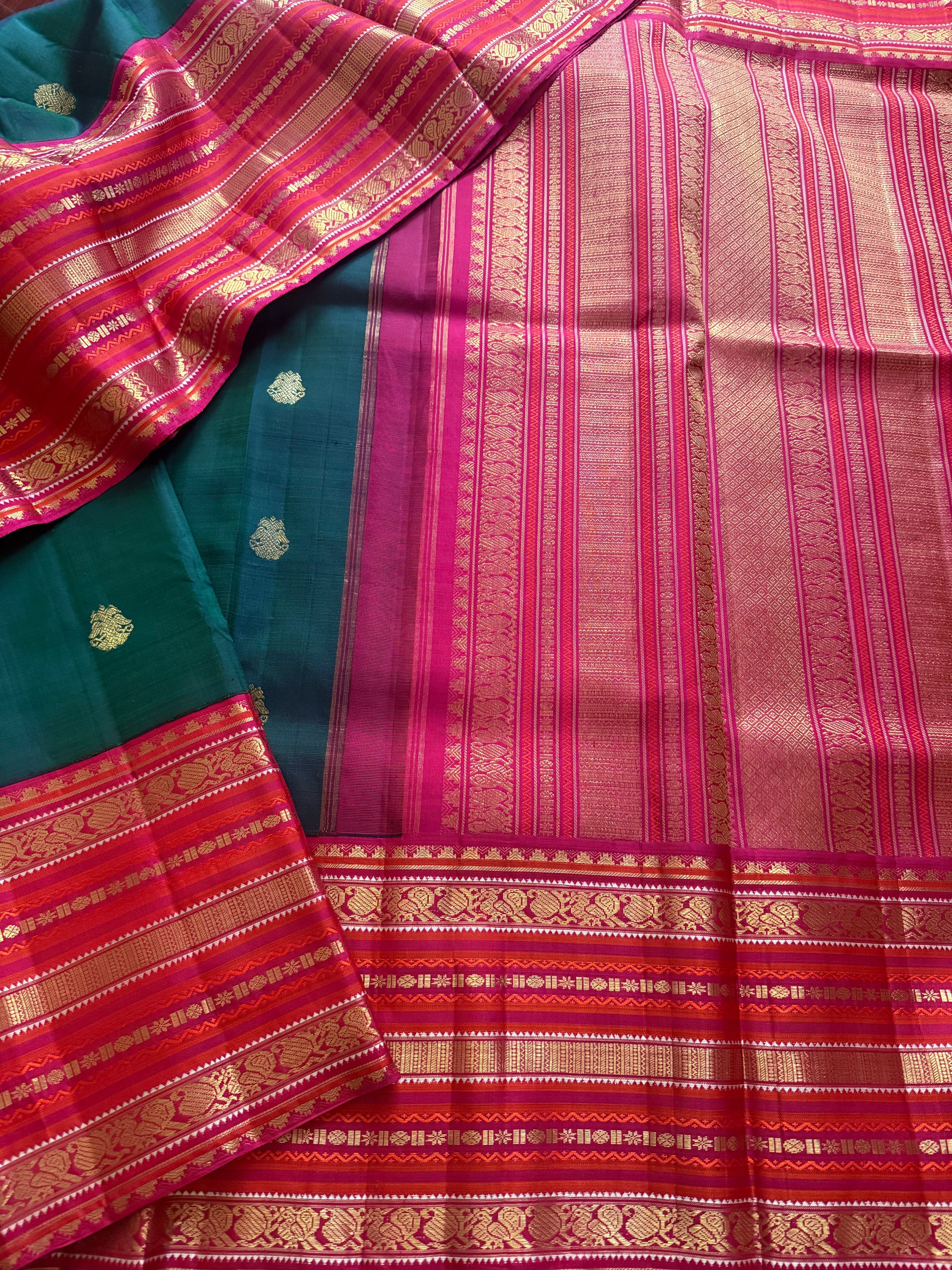 MYTHILI:  Vintage Kanjivaram Silk with Adukkupettu borders (Peacock Green + Pink)
