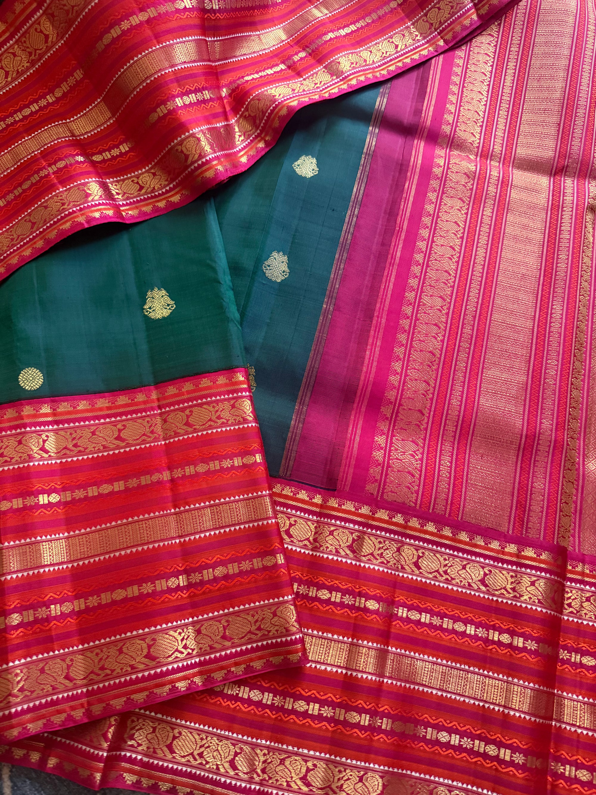MYTHILI:  Vintage Kanjivaram Silk with Adukkupettu borders (Peacock Green + Pink)