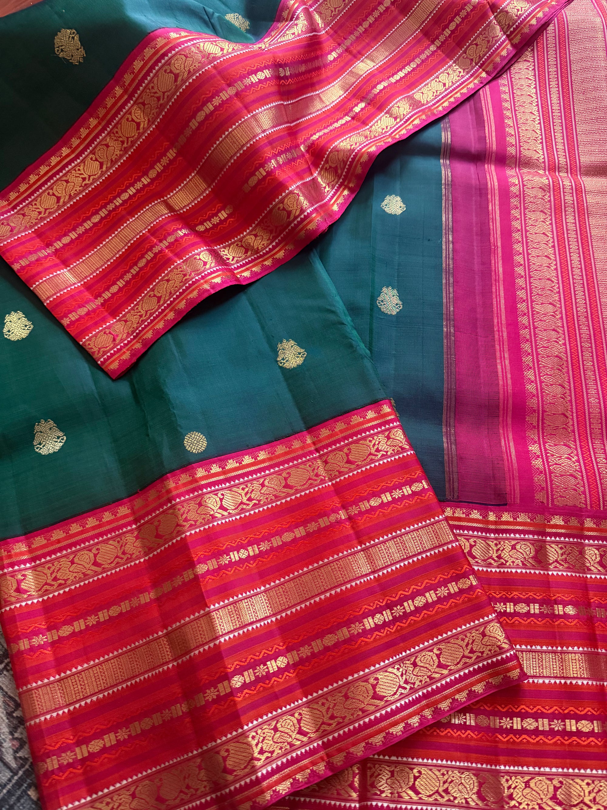 MYTHILI:  Vintage Kanjivaram Silk with Adukkupettu borders (Peacock Green + Pink)