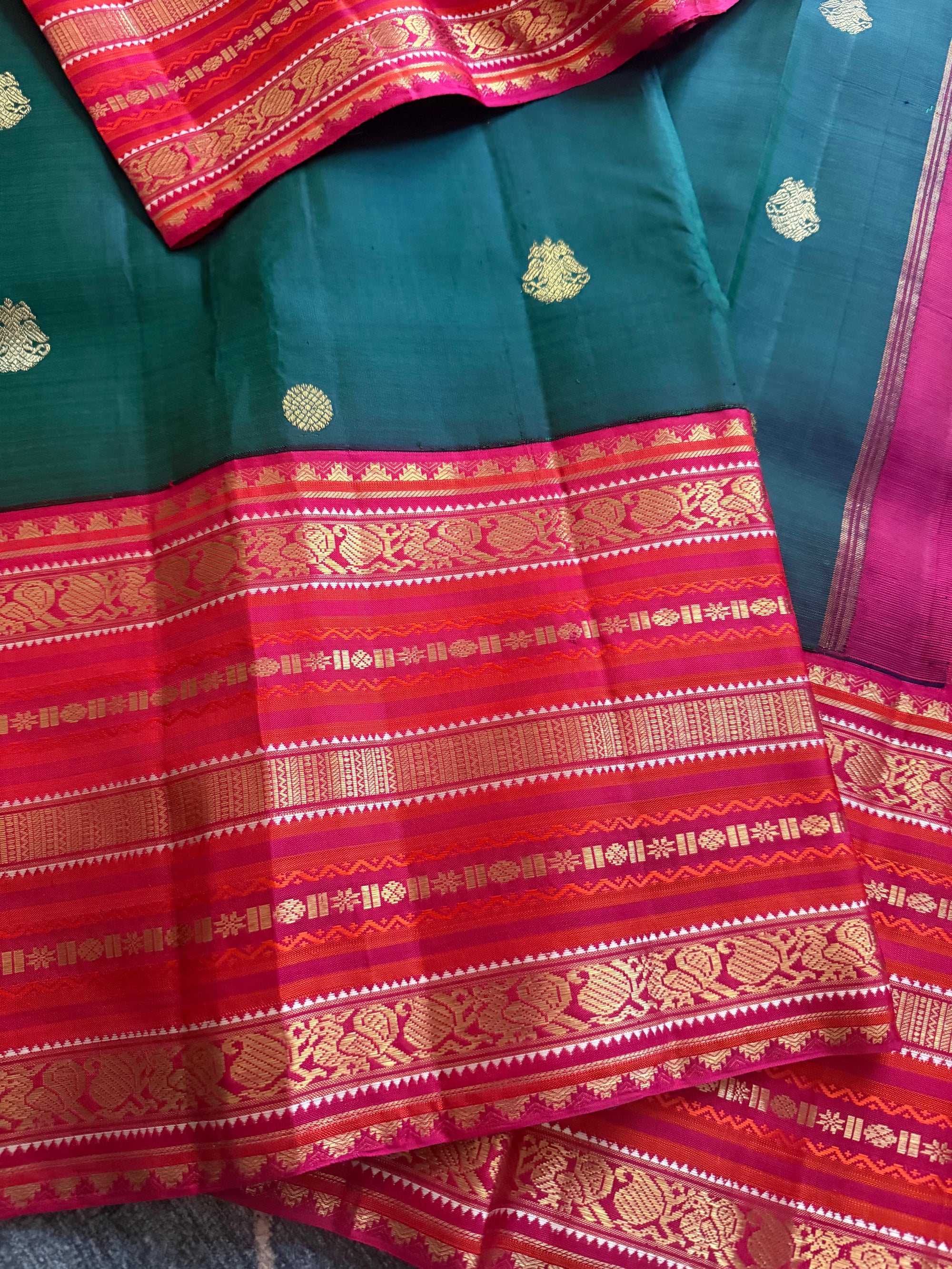 MYTHILI:  Vintage Kanjivaram Silk with Adukkupettu borders (Peacock Green + Pink)