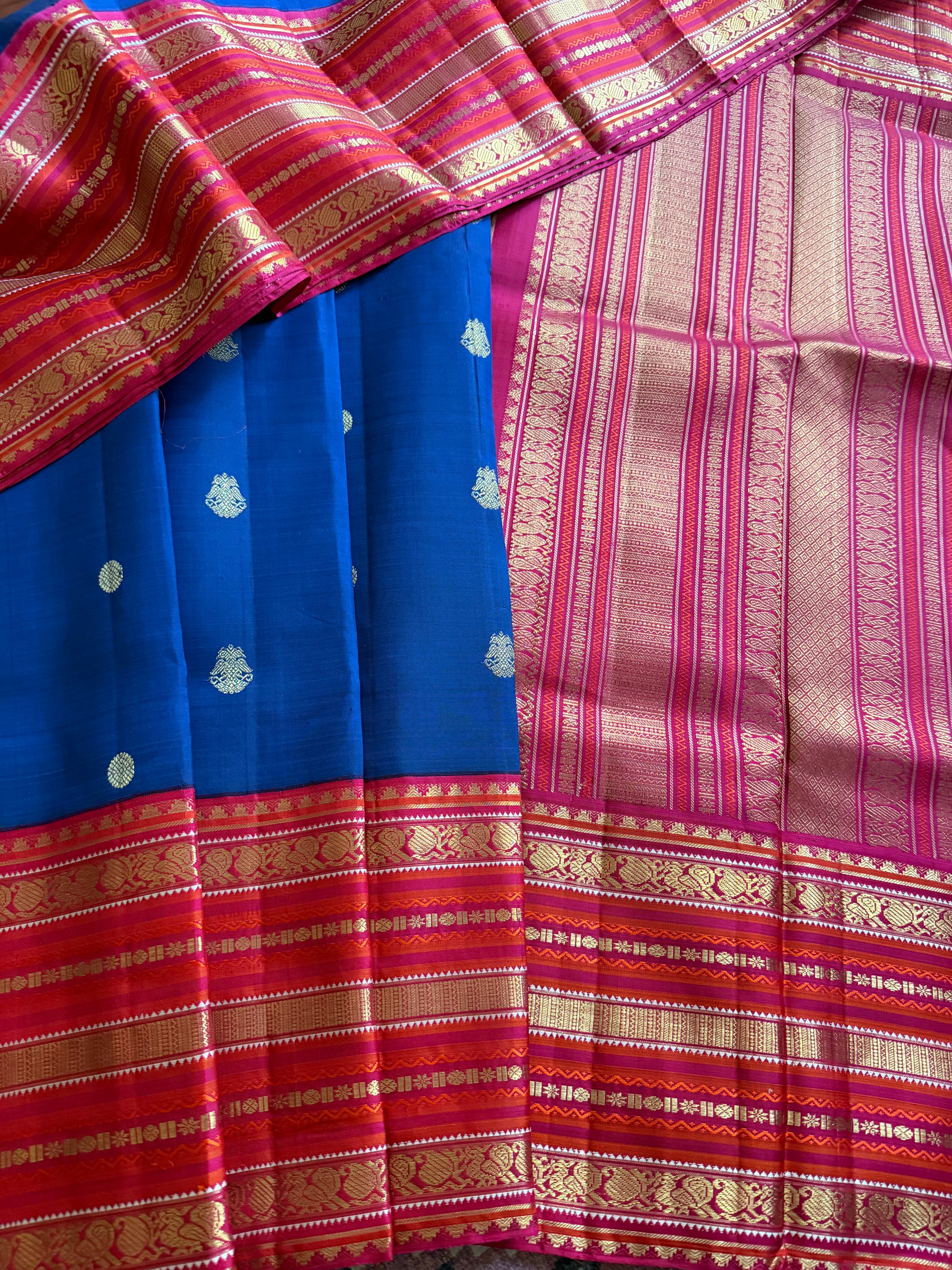 MYTHILI:  Vintage Kanjivaram Silk with Adukkupettu borders (Ink blue + Pink)
