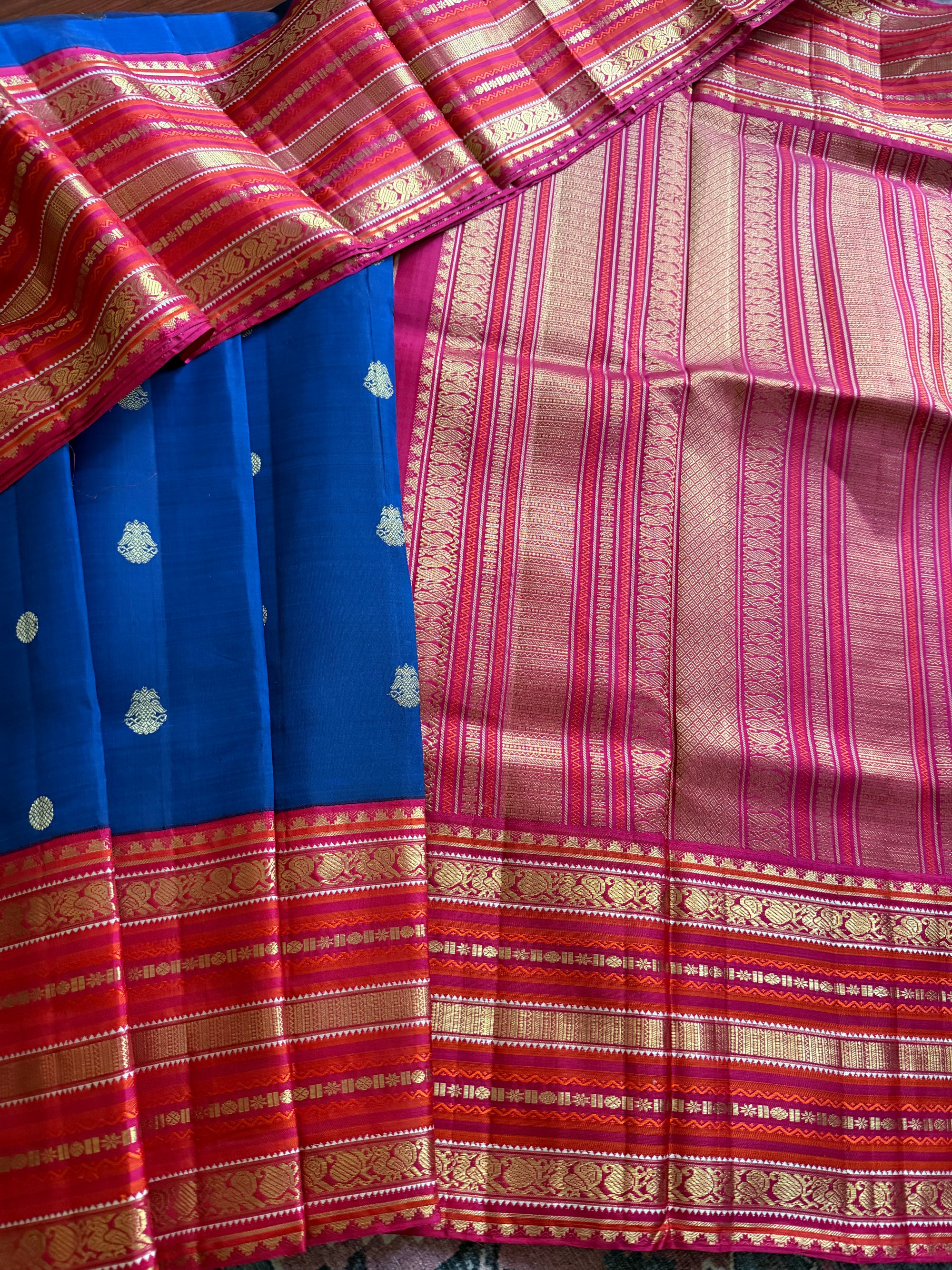 MYTHILI:  Vintage Kanjivaram Silk with Adukkupettu borders (Ink blue + Pink)