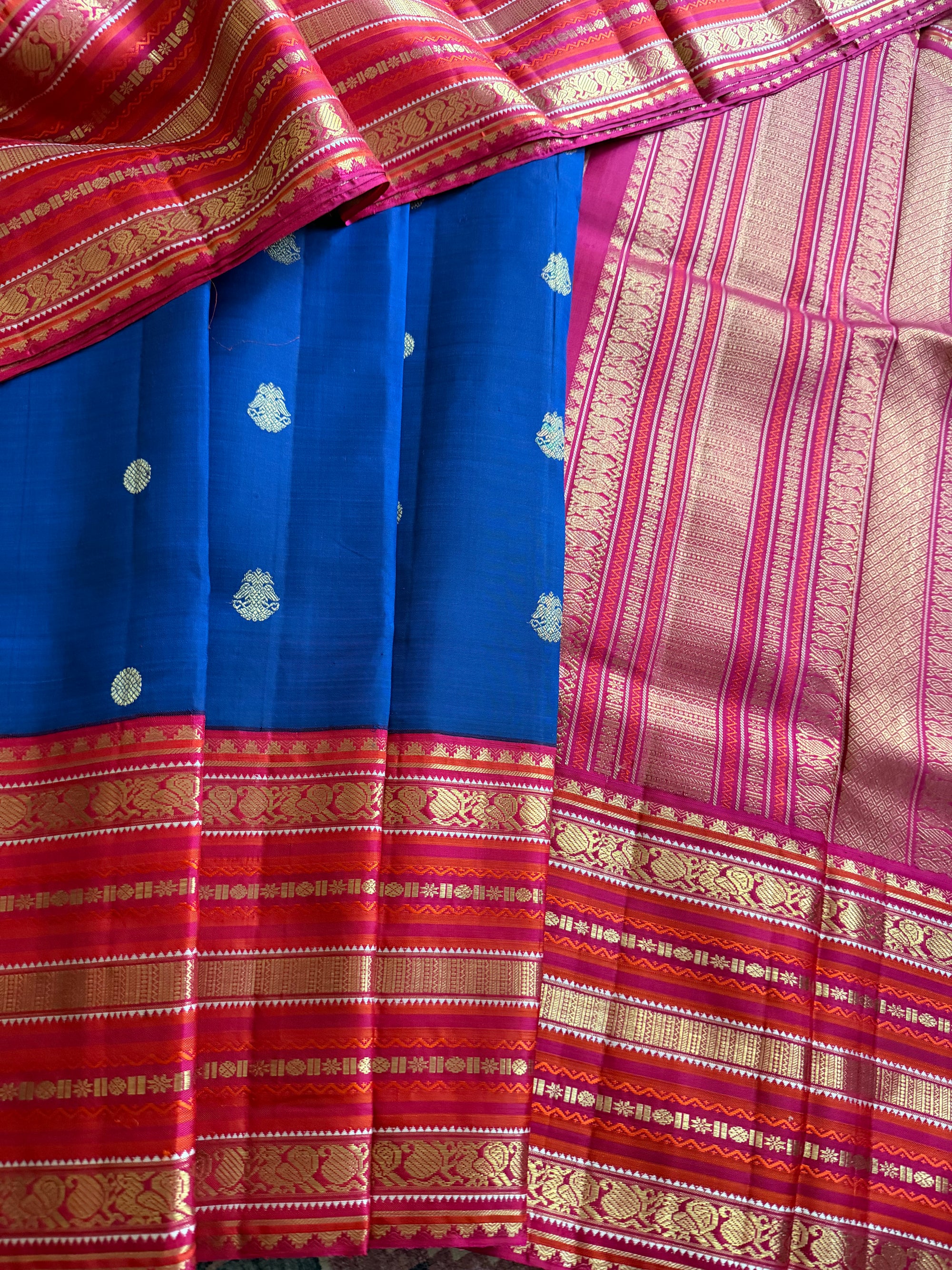MYTHILI:  Vintage Kanjivaram Silk with Adukkupettu borders (Ink blue + Pink)