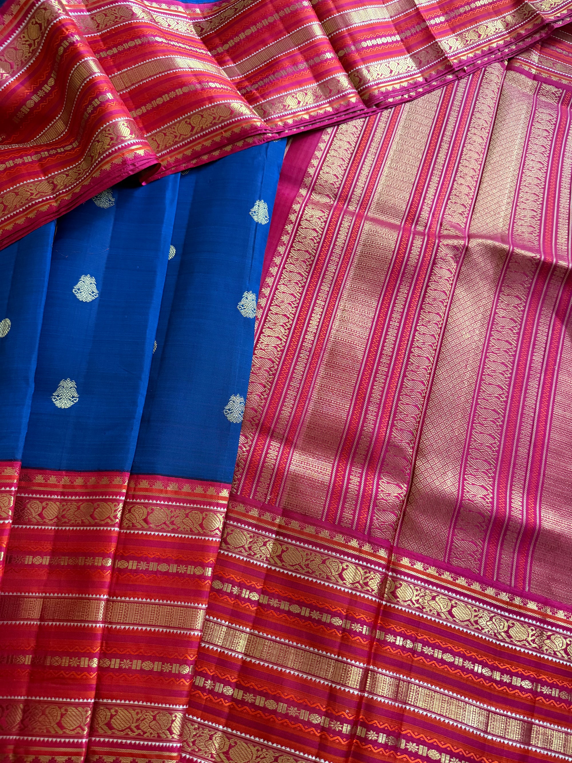 MYTHILI:  Vintage Kanjivaram Silk with Adukkupettu borders (Ink blue + Pink)