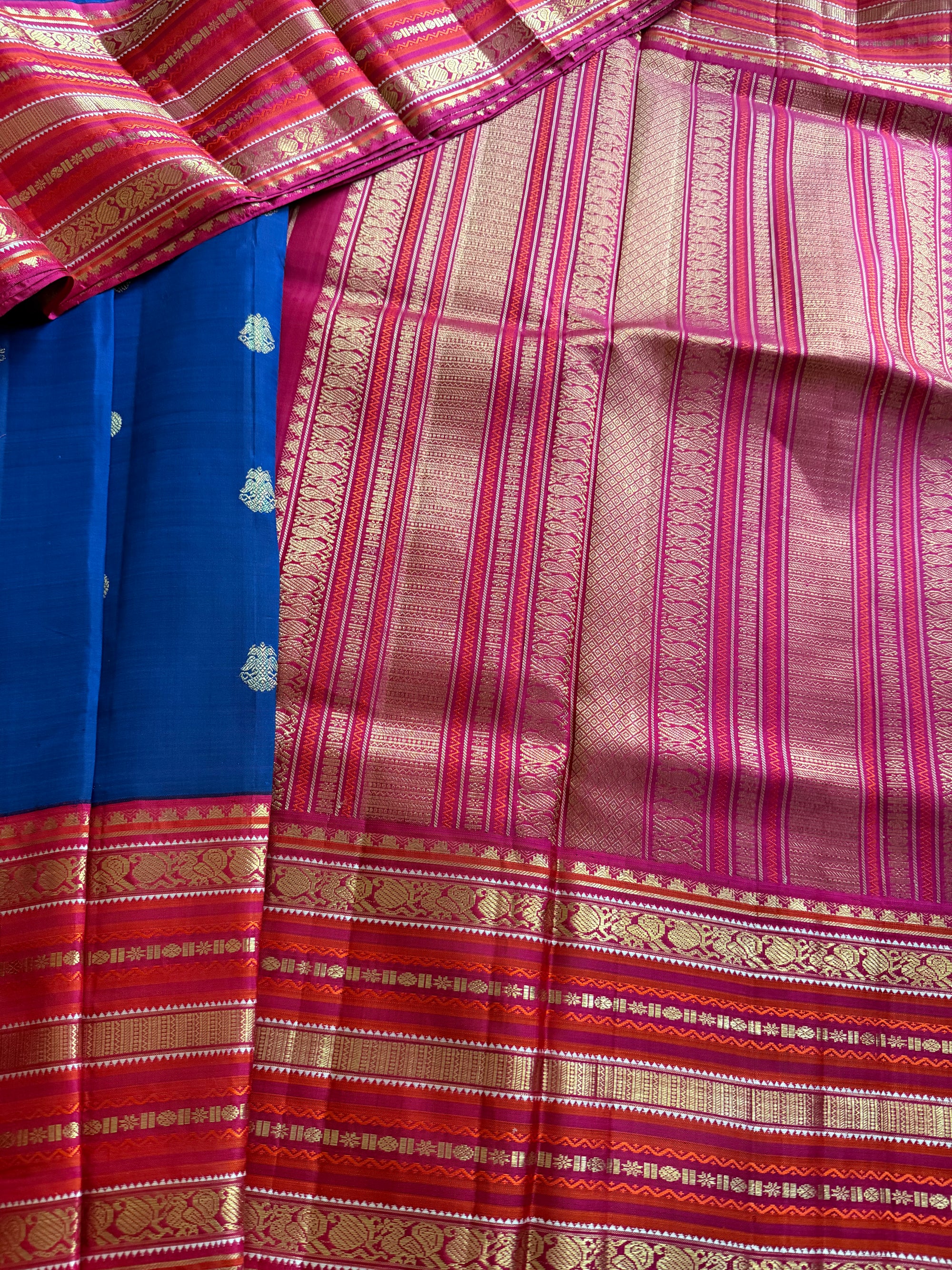 MYTHILI:  Vintage Kanjivaram Silk with Adukkupettu borders (Ink blue + Pink)