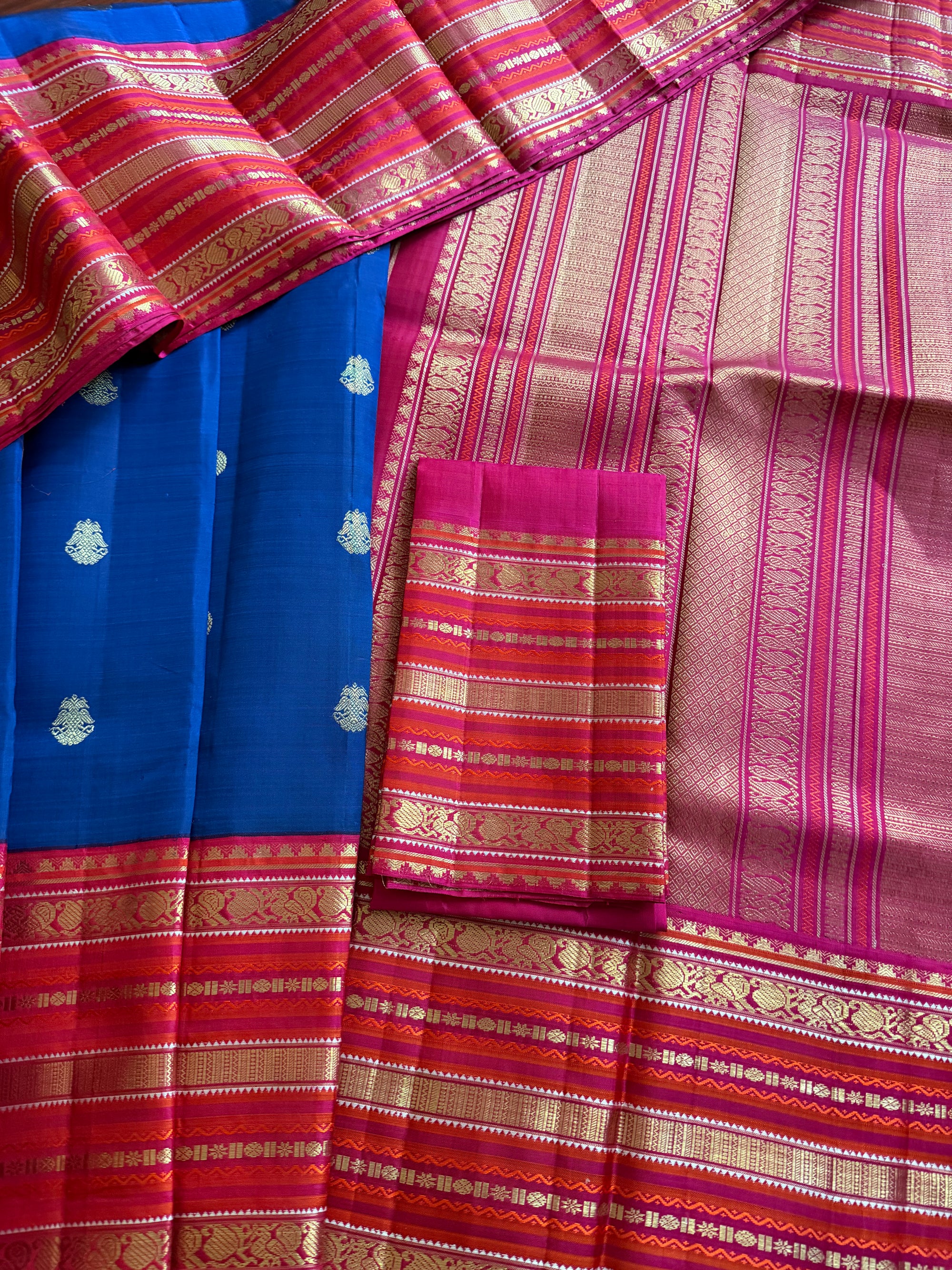 MYTHILI:  Vintage Kanjivaram Silk with Adukkupettu borders (Ink blue + Pink)