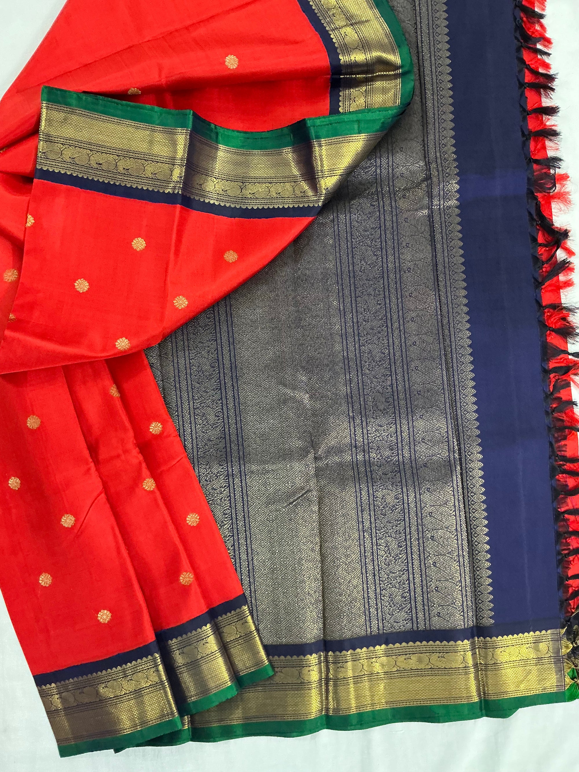 MYTHILI:  Vintage Inspired Kanjivarams (Red Orange + Navy Blue)