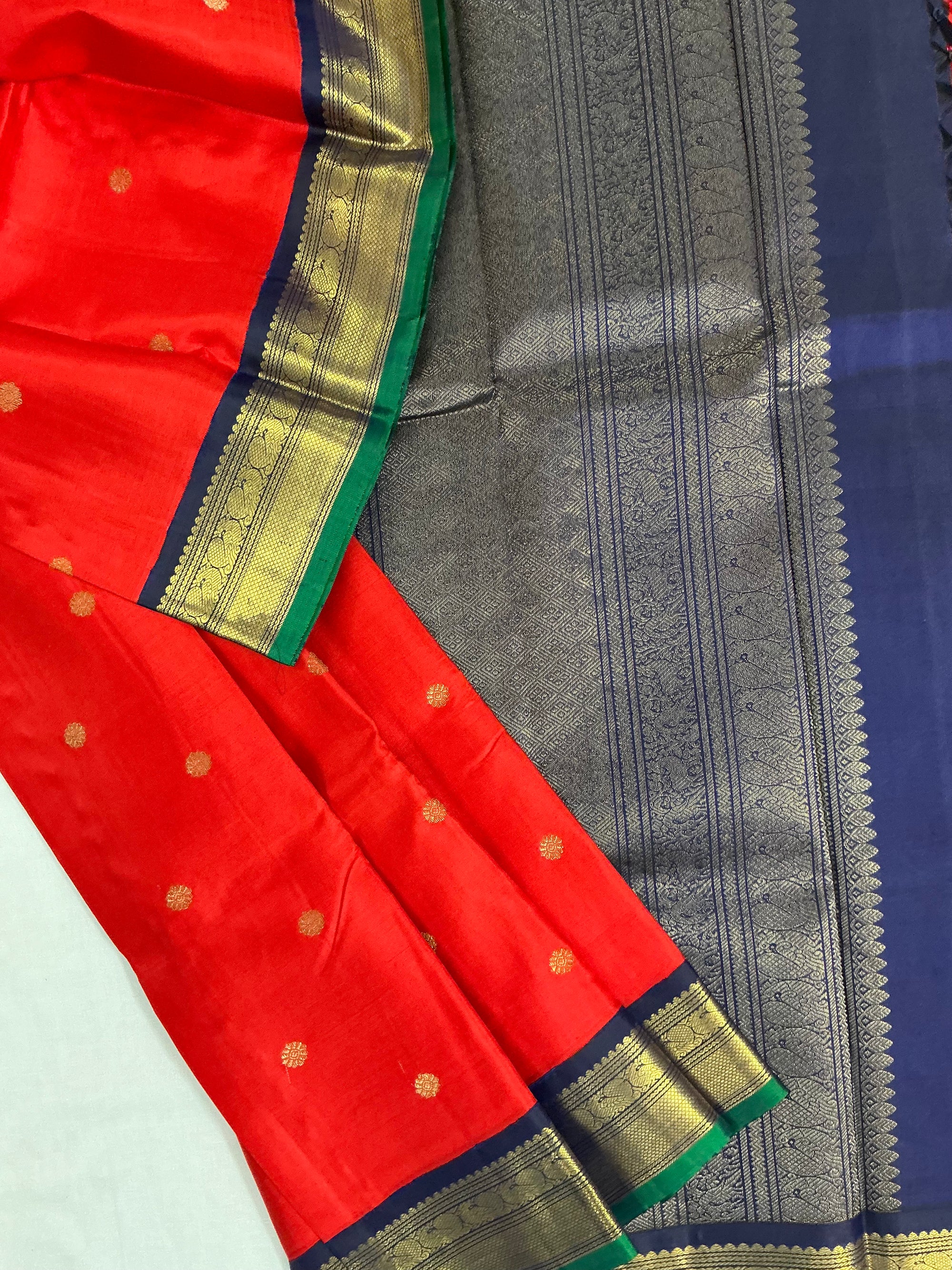 MYTHILI:  Vintage Inspired Kanjivarams (Red Orange + Navy Blue)