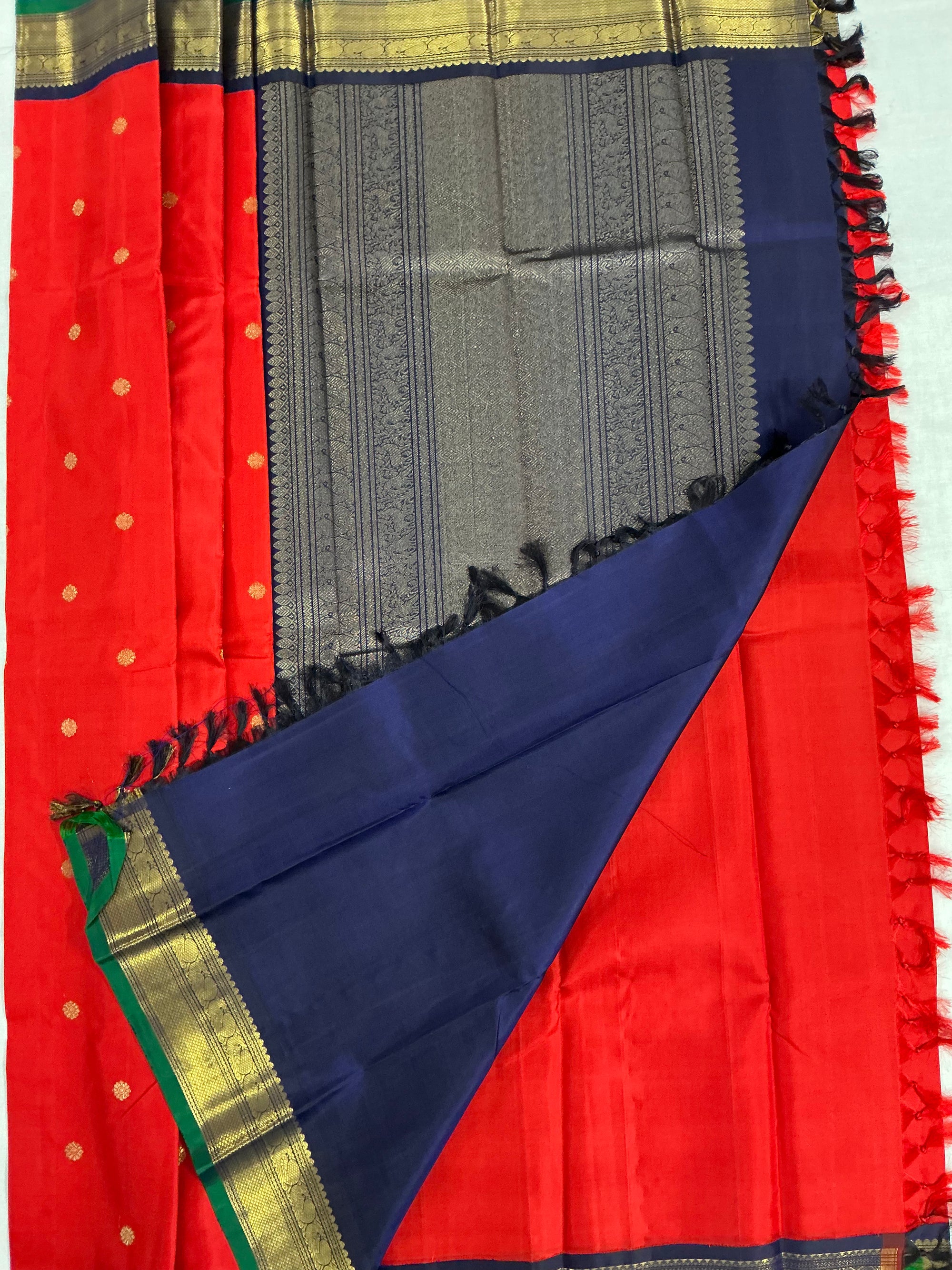 MYTHILI:  Vintage Inspired Kanjivarams (Red Orange + Navy Blue)
