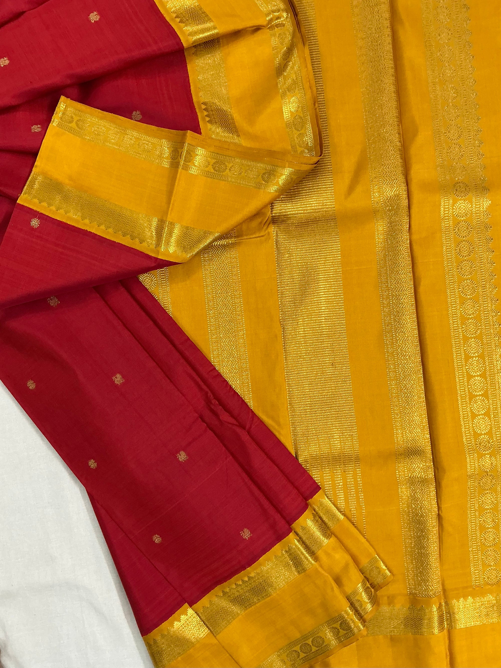 MYTHILI:  Vintage Inspired Kanjivarams (Ruby Red + Old Mustard)