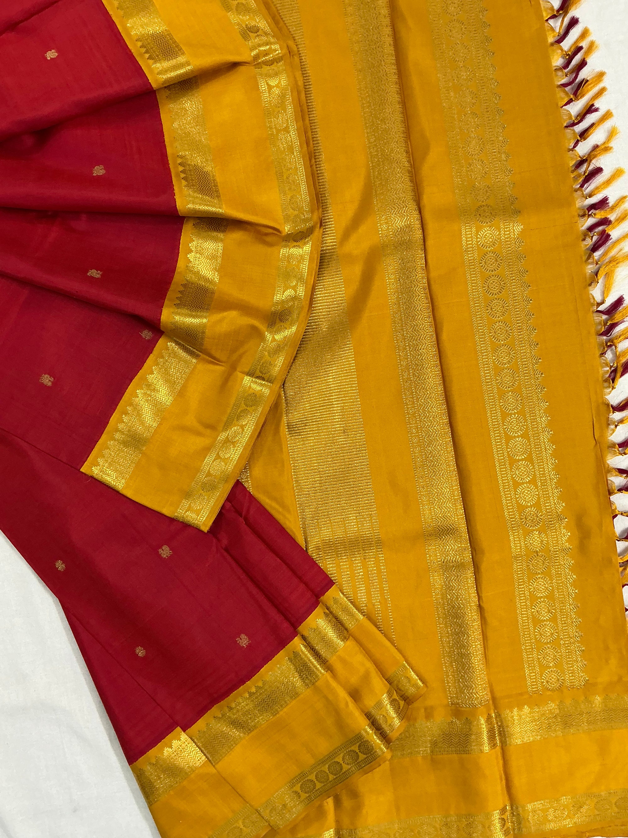 MYTHILI:  Vintage Inspired Kanjivarams (Ruby Red + Old Mustard)