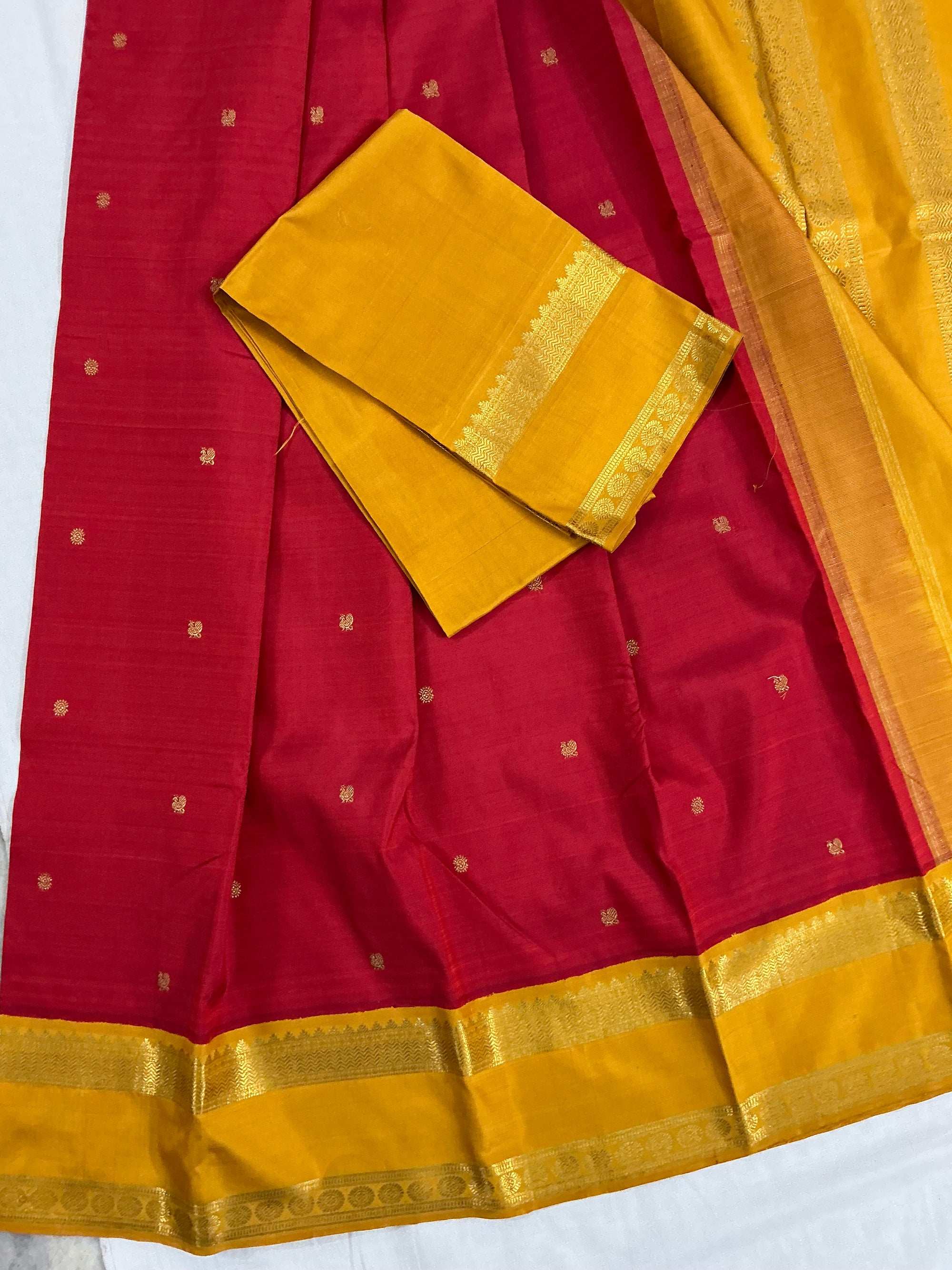 MYTHILI:  Vintage Inspired Kanjivarams (Ruby Red + Old Mustard)