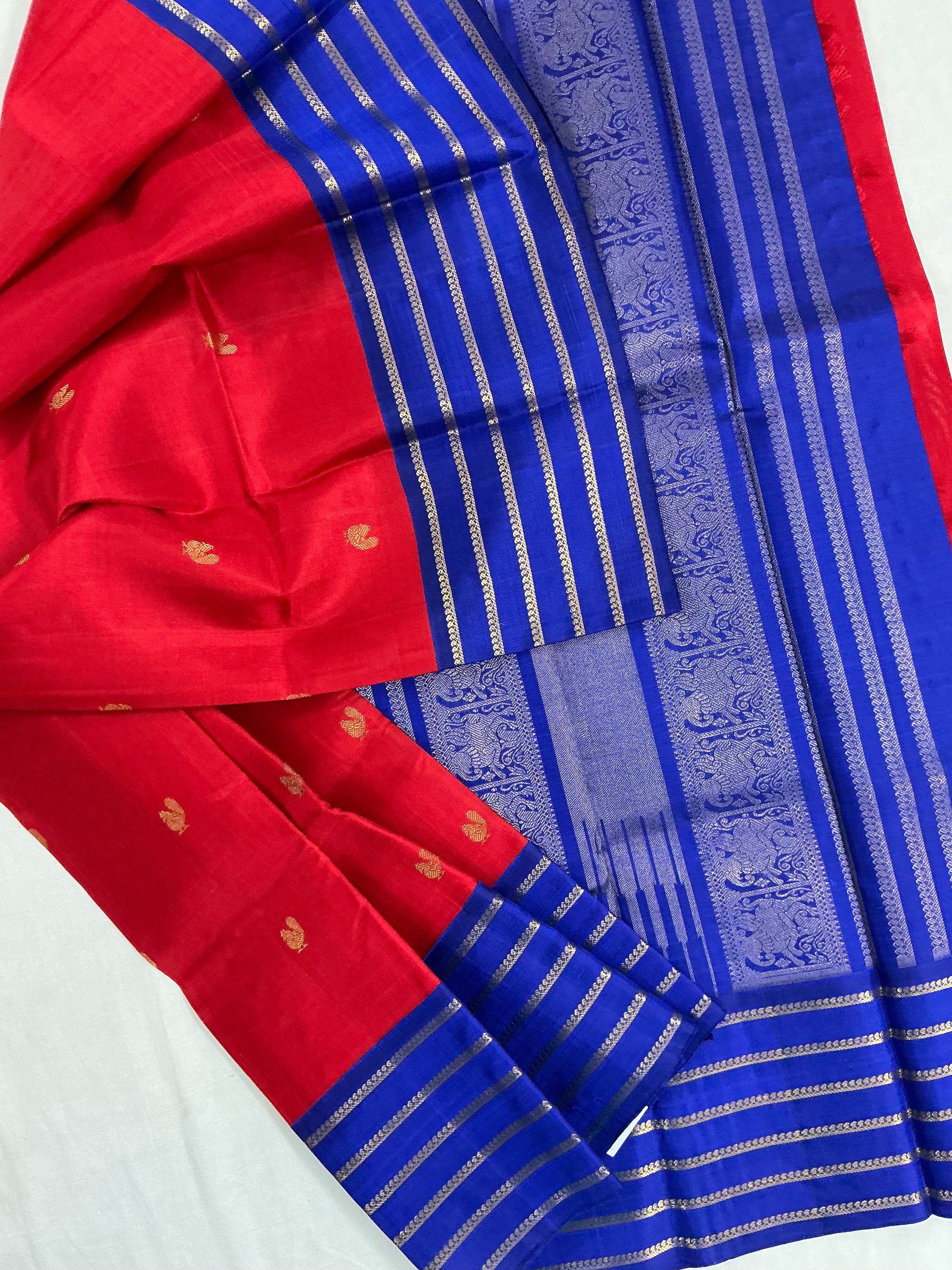 MYTHILI:  Vintage Inspired Kanjivarams (Chilli Red + Ink Blue)