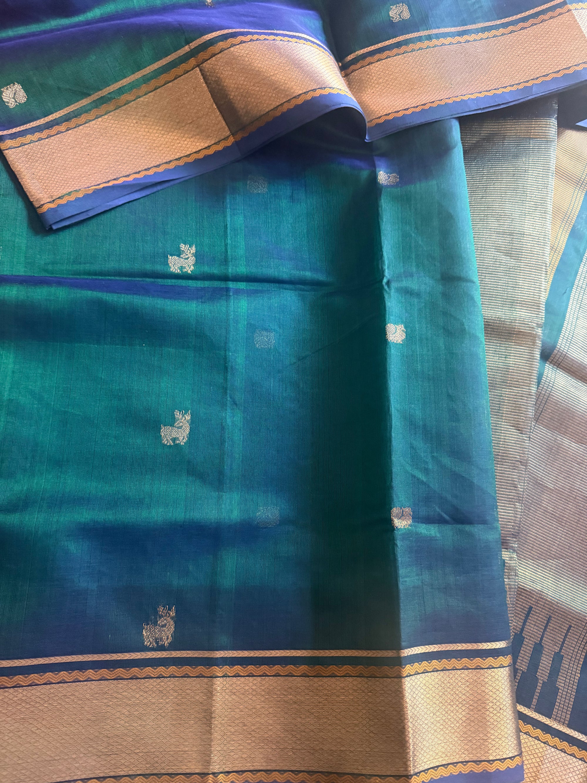 Silk Cotton :  Peacock Green with deer buttas