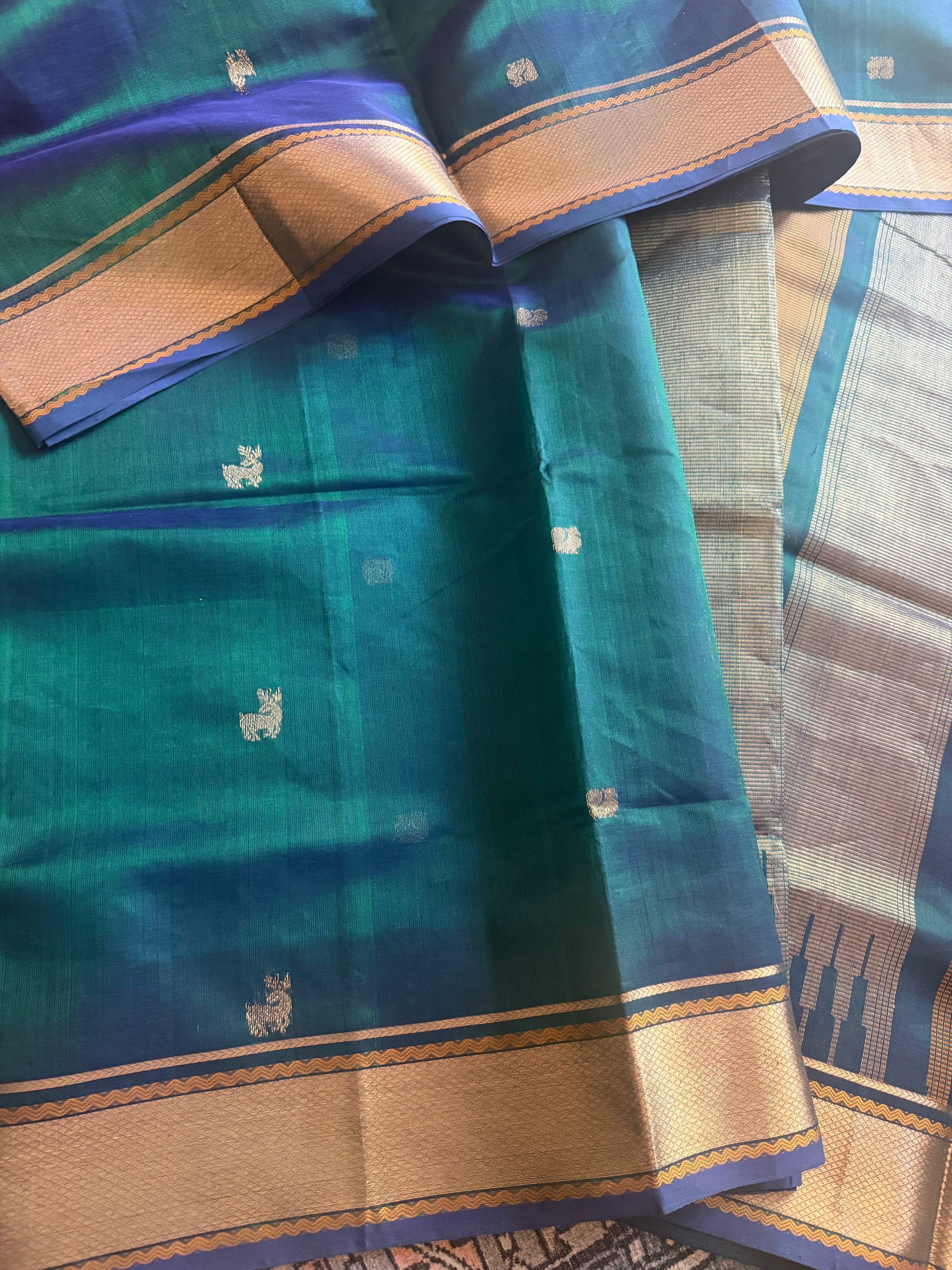 Silk Cotton :  Peacock Green with deer buttas