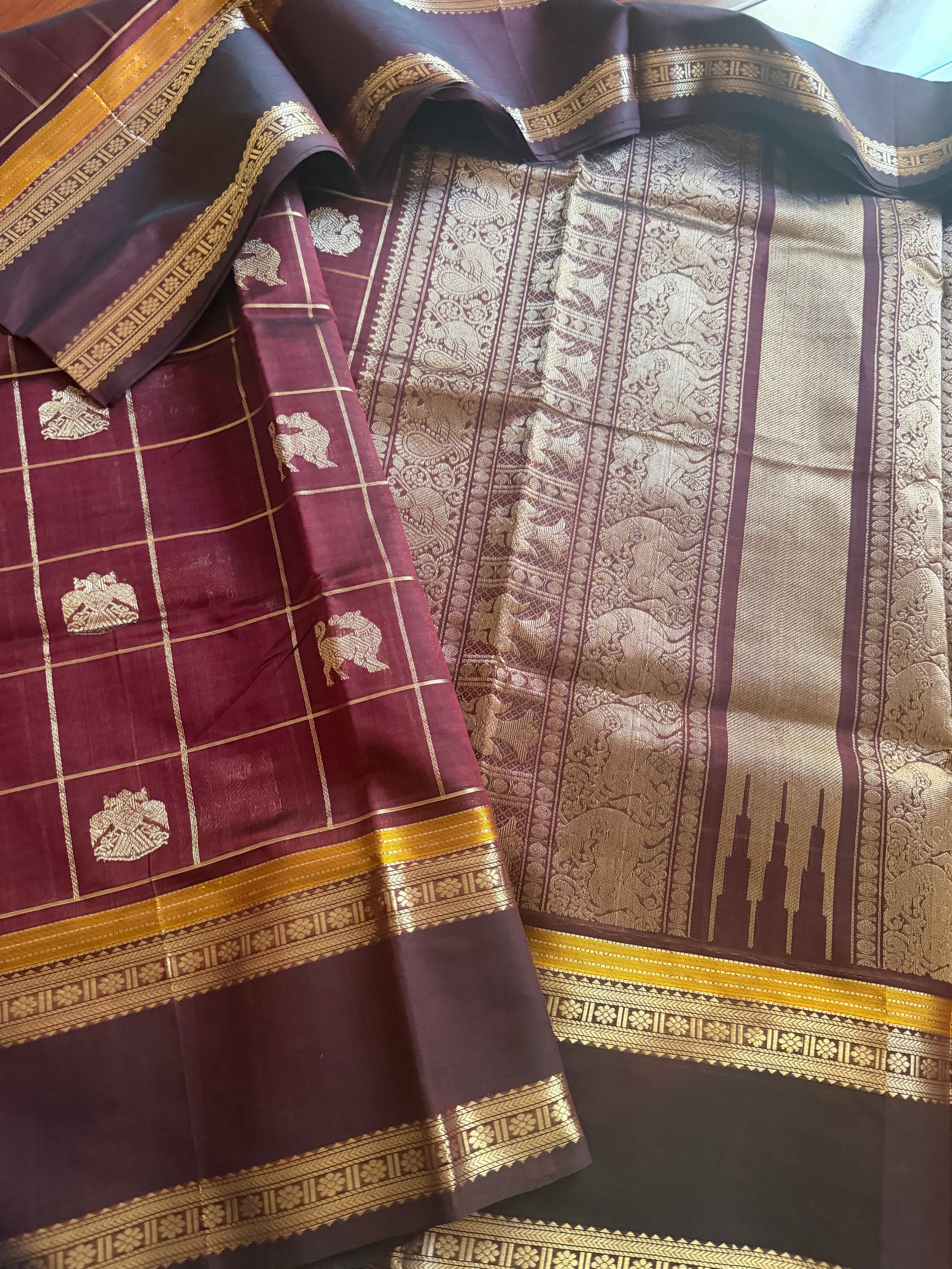 Silk Cotton :  Zari checks and Buttas (Deep Maroon)