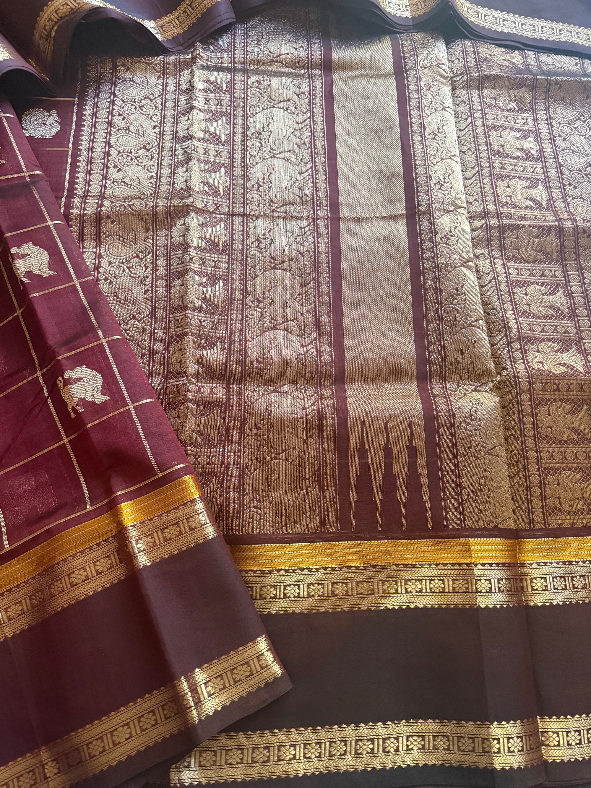 Silk Cotton :  Zari checks and Buttas (Deep Maroon)
