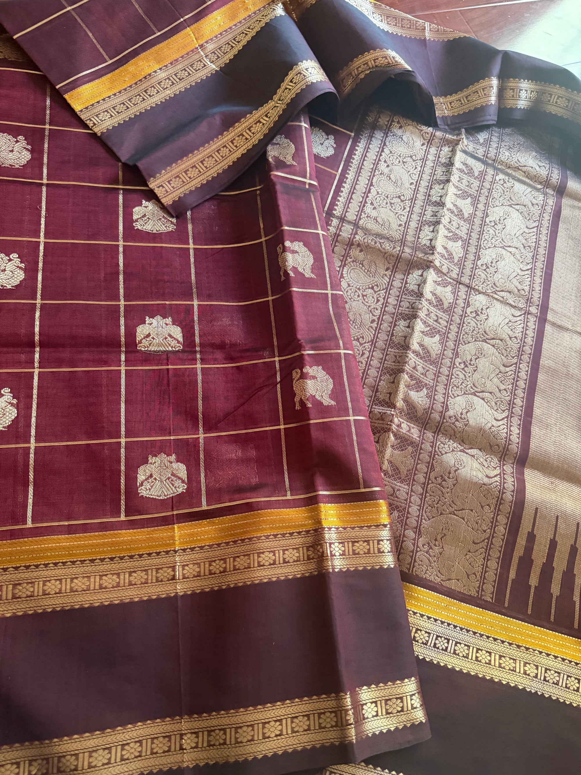 Silk Cotton :  Zari checks and Buttas (Deep Maroon)