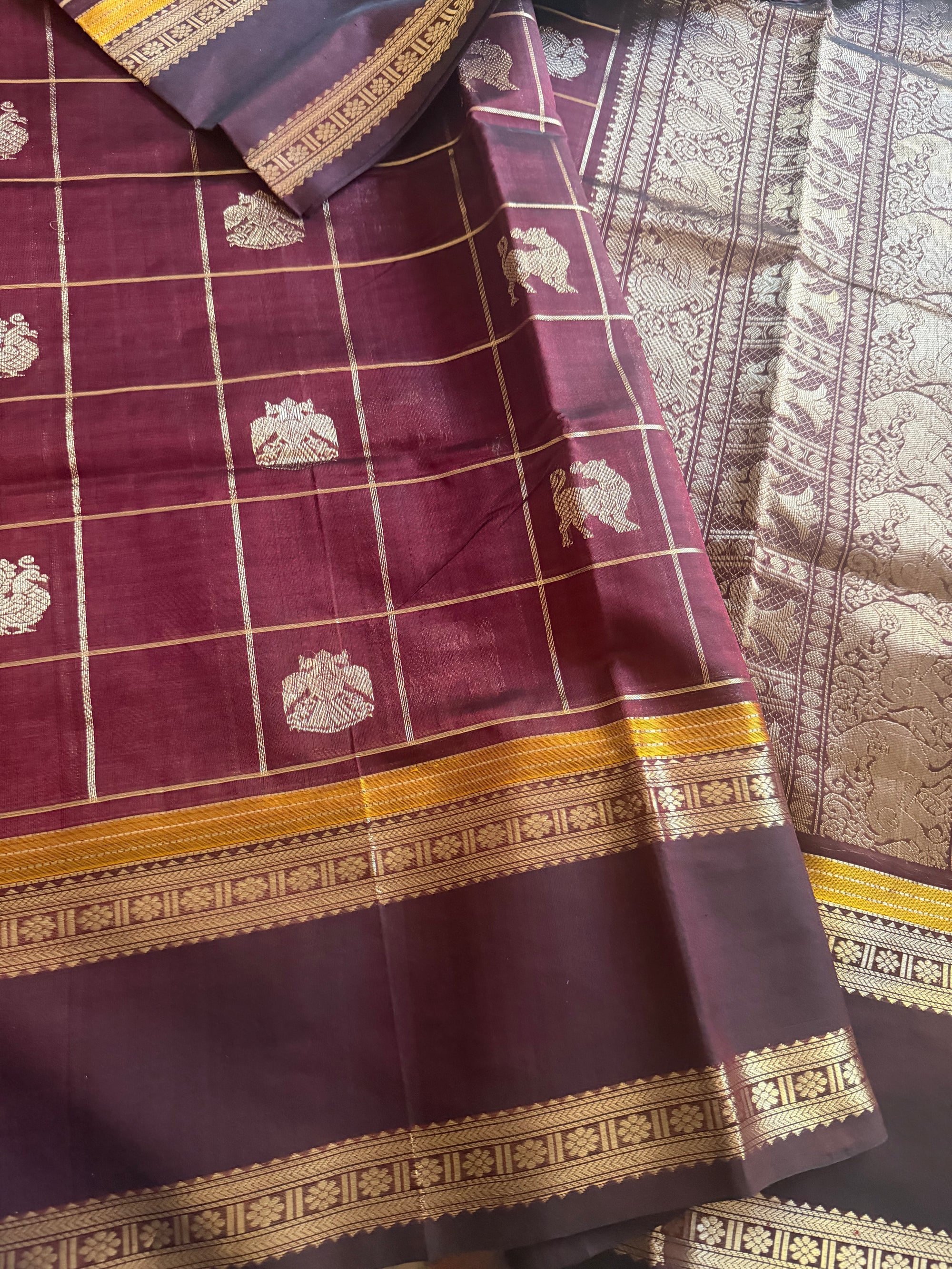 Silk Cotton :  Zari checks and Buttas (Deep Maroon)
