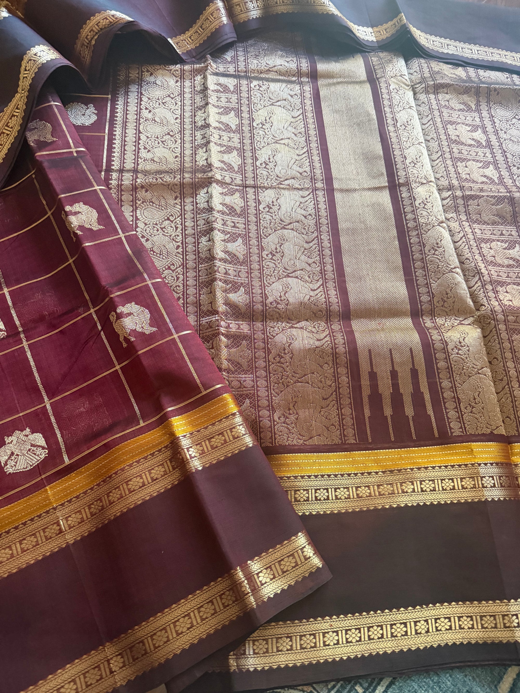 Silk Cotton :  Zari checks and Buttas (Deep Maroon)