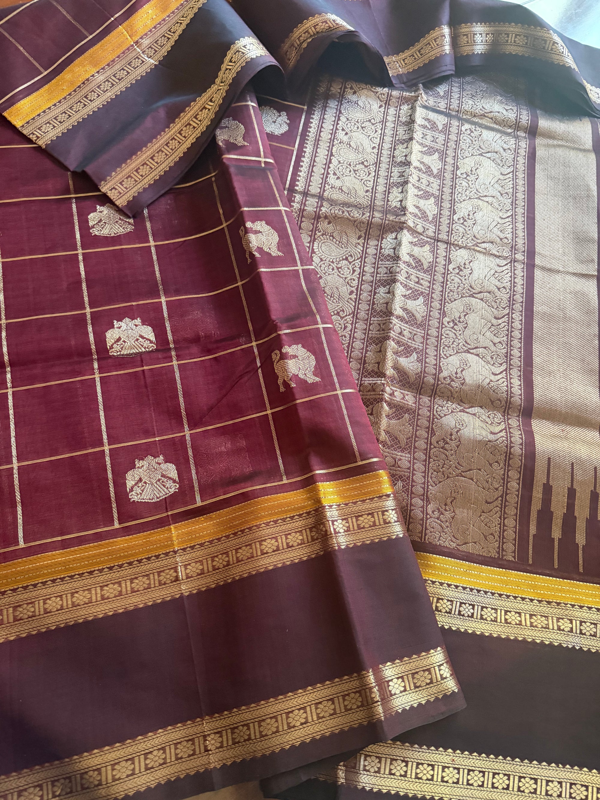 Silk Cotton :  Zari checks and Buttas (Deep Maroon)