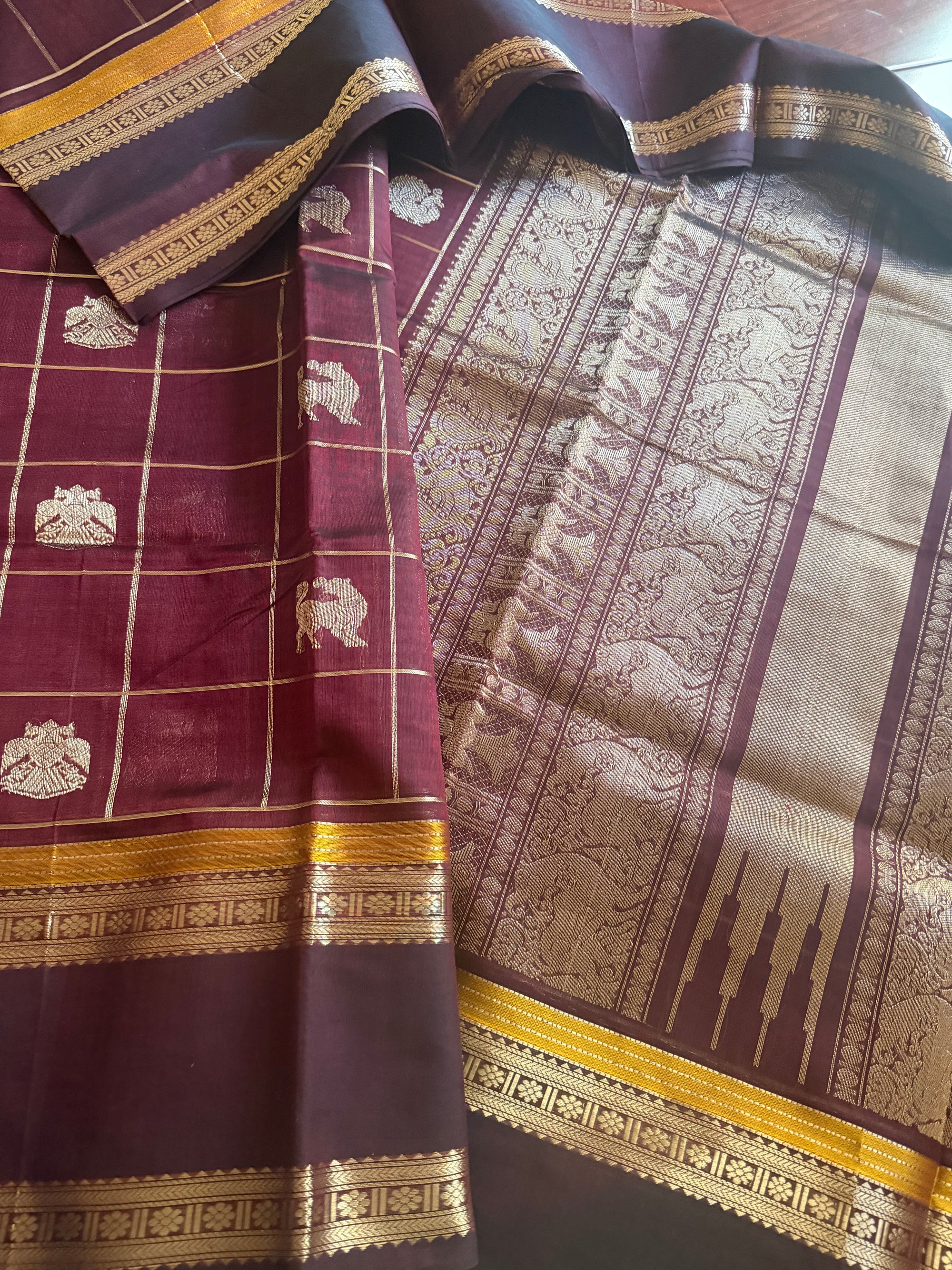 Silk Cotton :  Zari checks and Buttas (Deep Maroon)