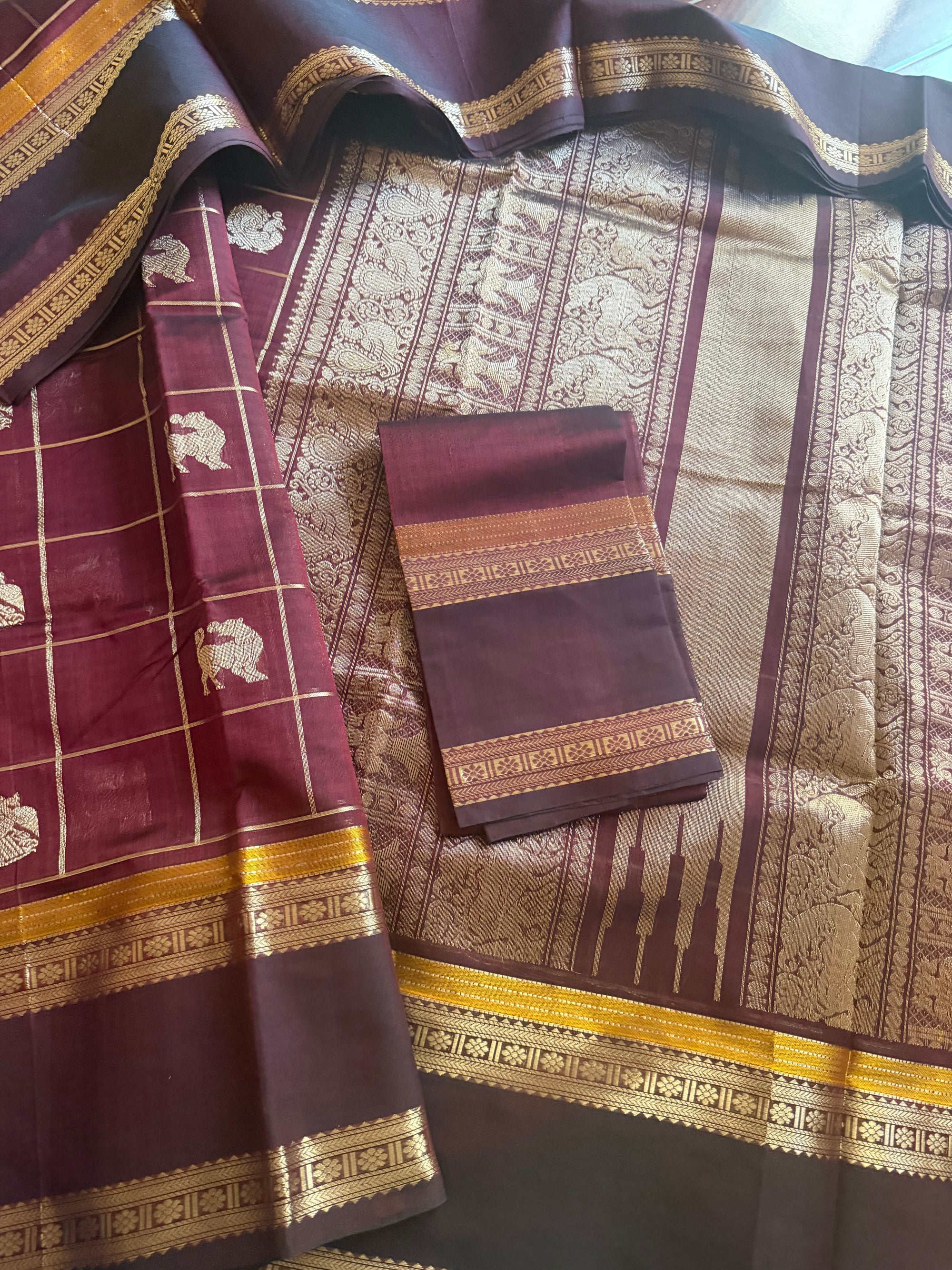 Silk Cotton :  Zari checks and Buttas (Deep Maroon)