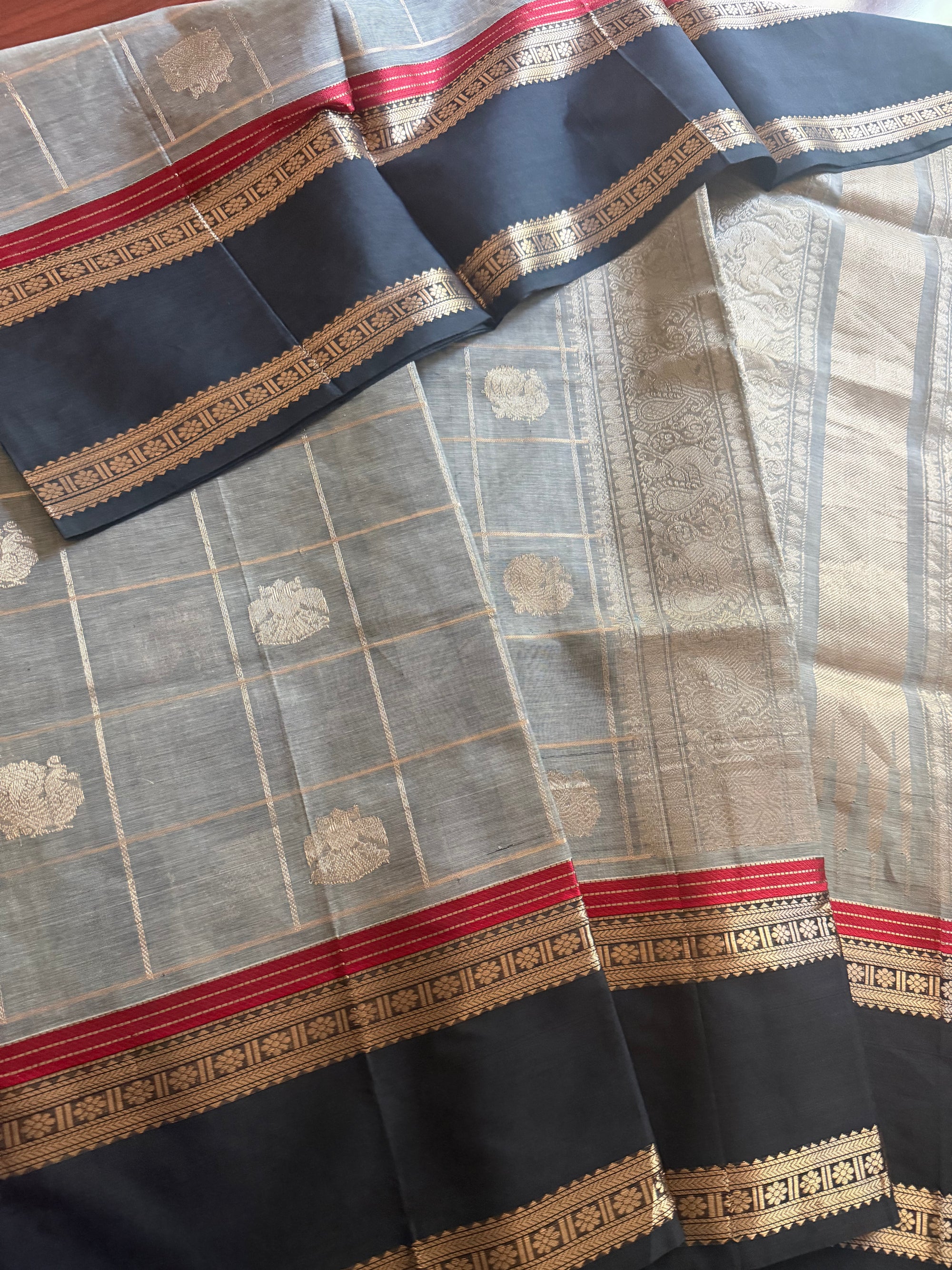 Silk Cotton :  Zari checks and Buttas (Grey + Black)