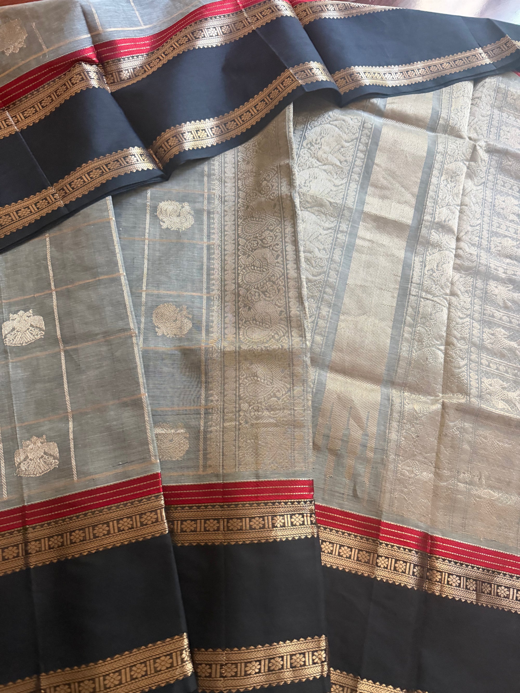 Silk Cotton :  Zari checks and Buttas (Grey + Black)
