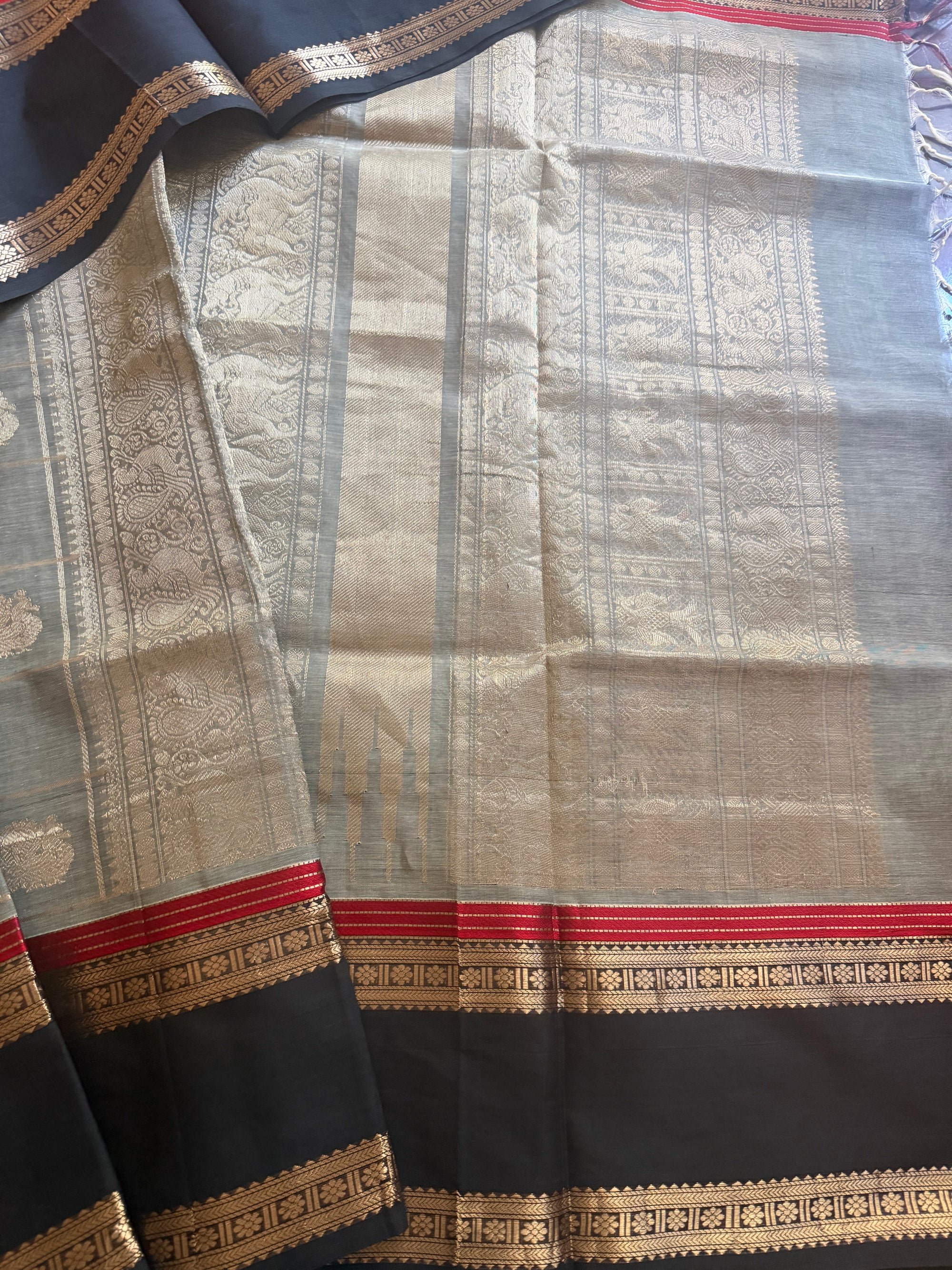 Silk Cotton :  Zari checks and Buttas (Grey + Black)