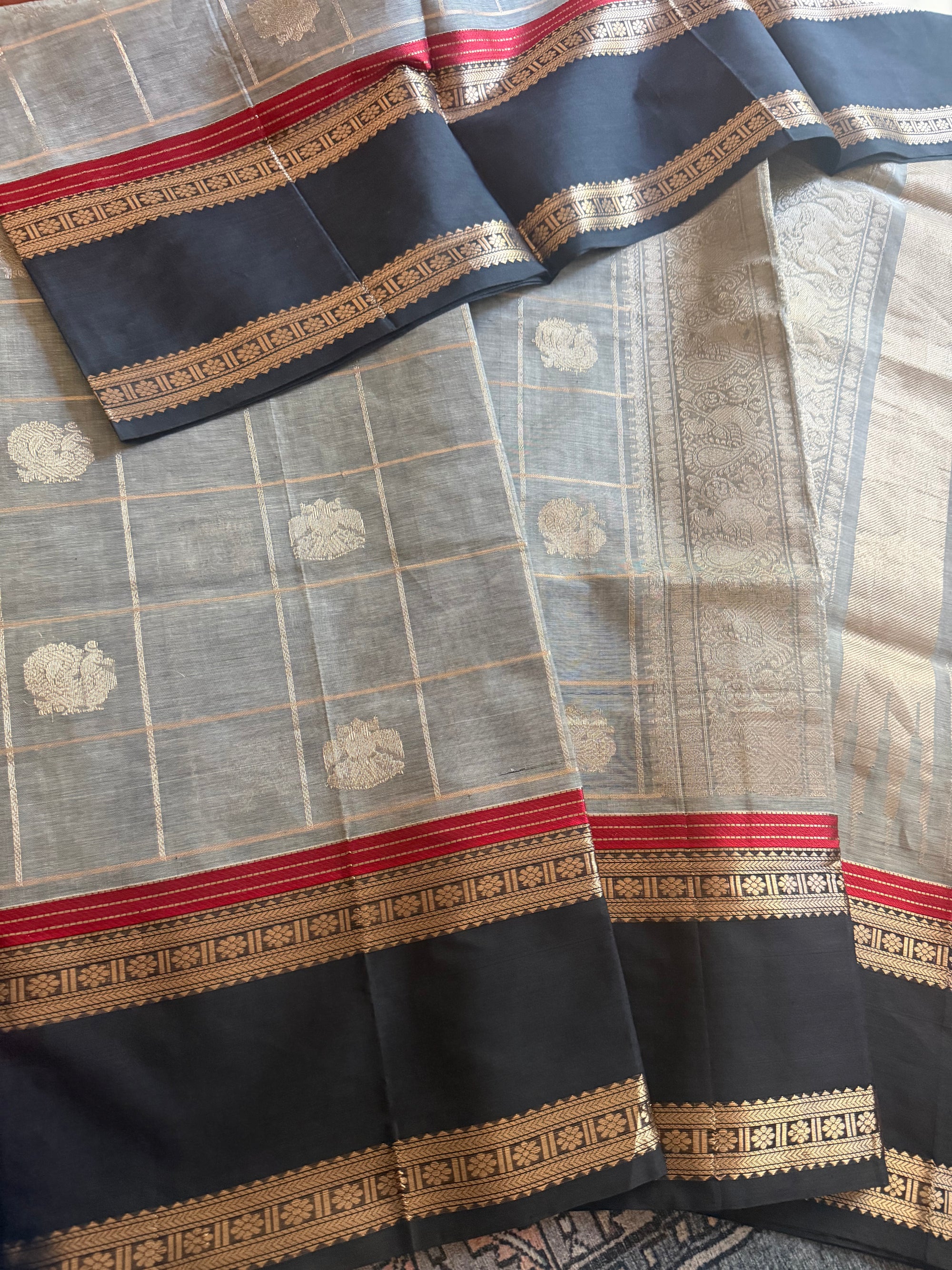 Silk Cotton :  Zari checks and Buttas (Grey + Black)