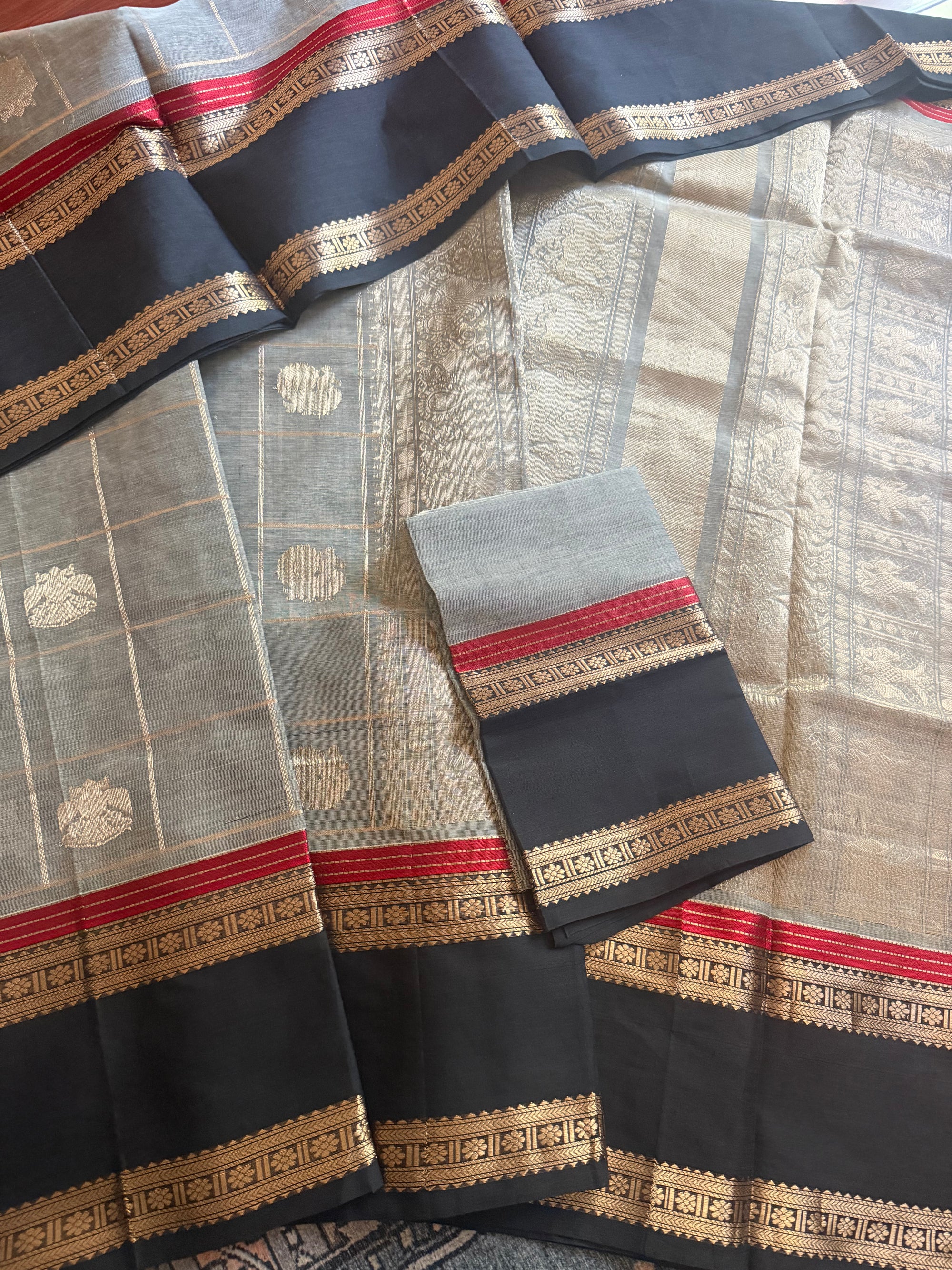 Silk Cotton :  Zari checks and Buttas (Grey + Black)