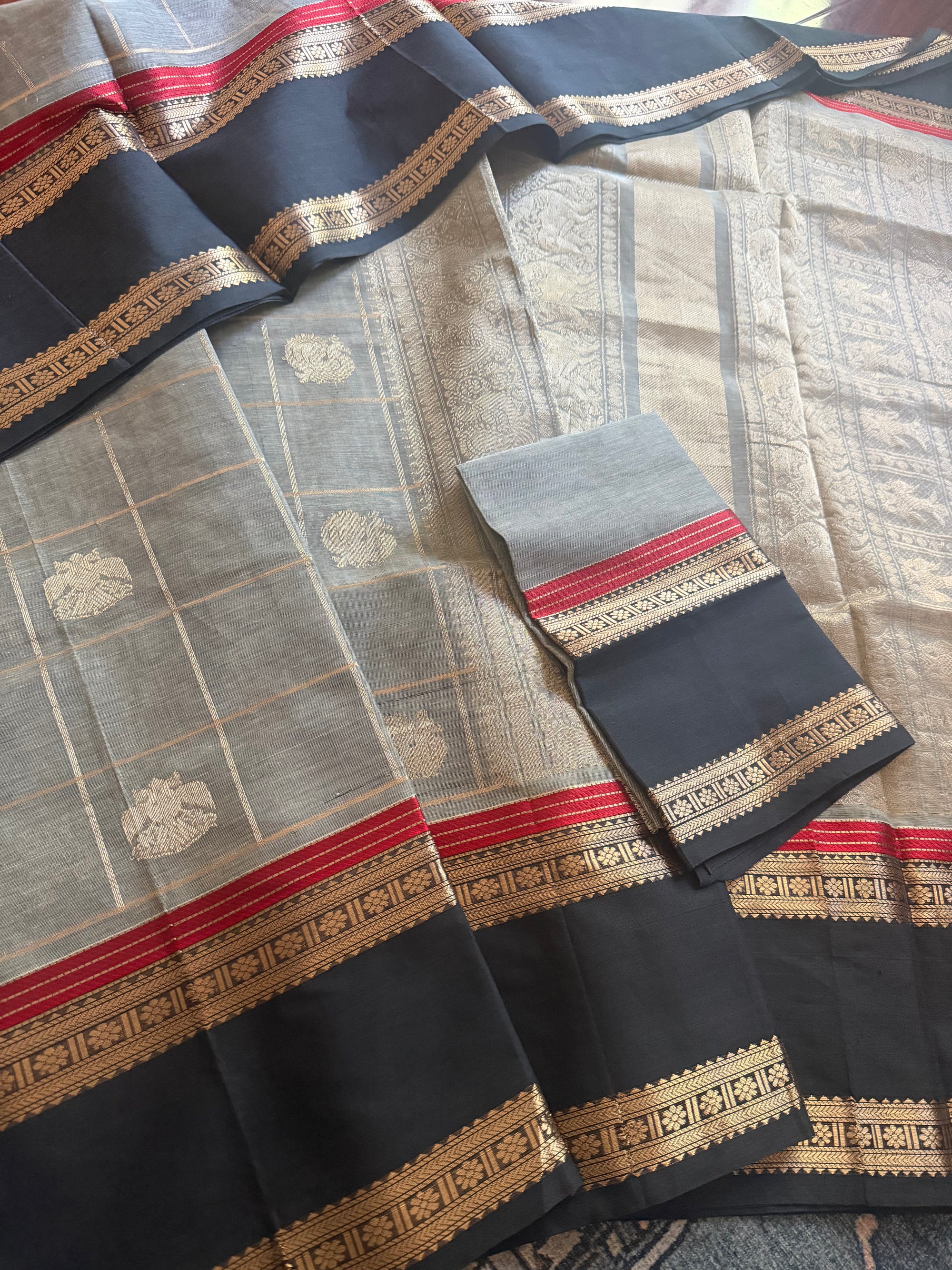 Silk Cotton :  Zari checks and Buttas (Grey + Black)