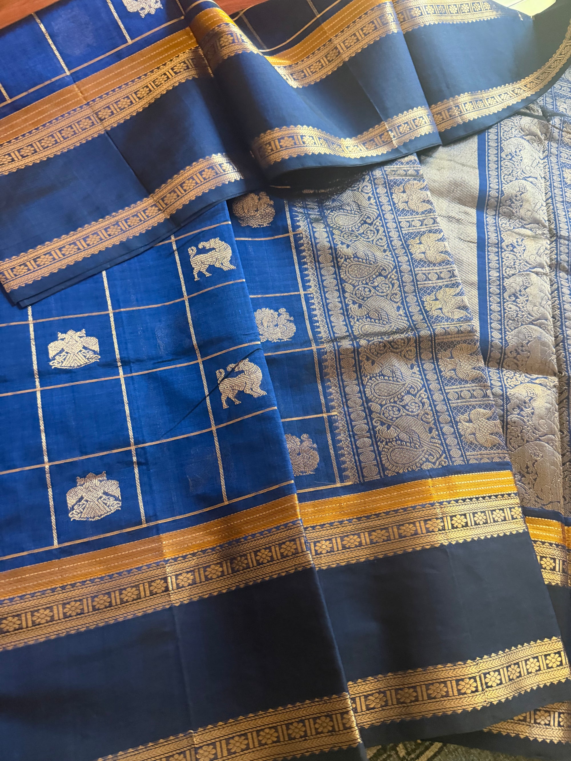 Silk Cotton :  Zari checks and Buttas (Royal Blue)
