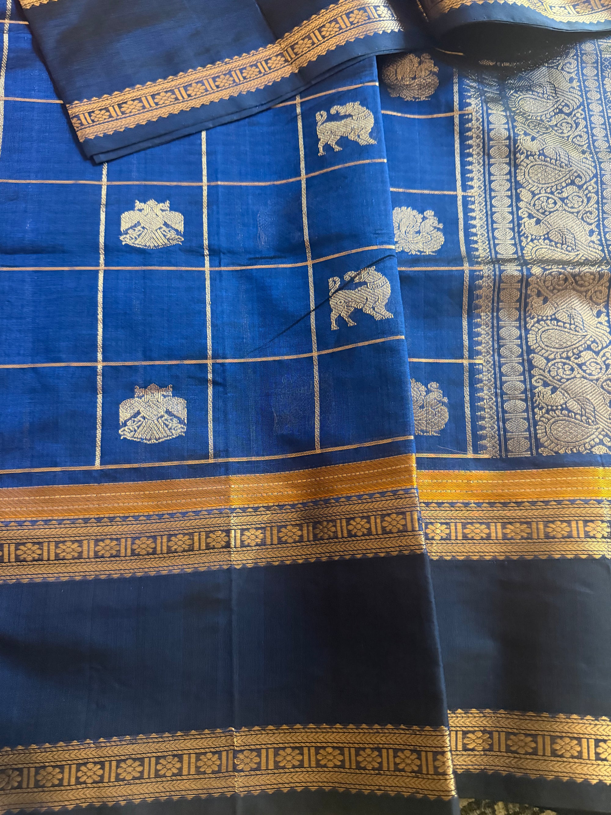 Silk Cotton :  Zari checks and Buttas (Royal Blue)