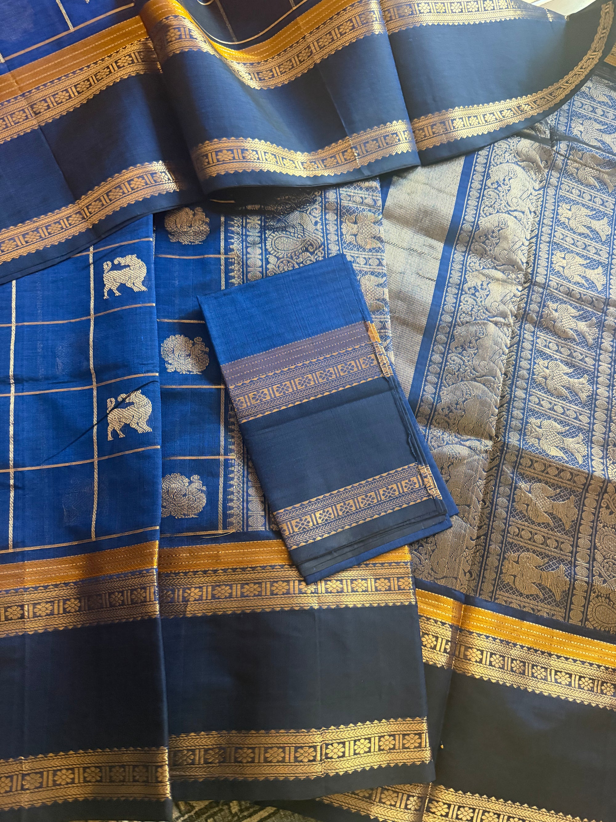 Silk Cotton :  Zari checks and Buttas (Royal Blue)