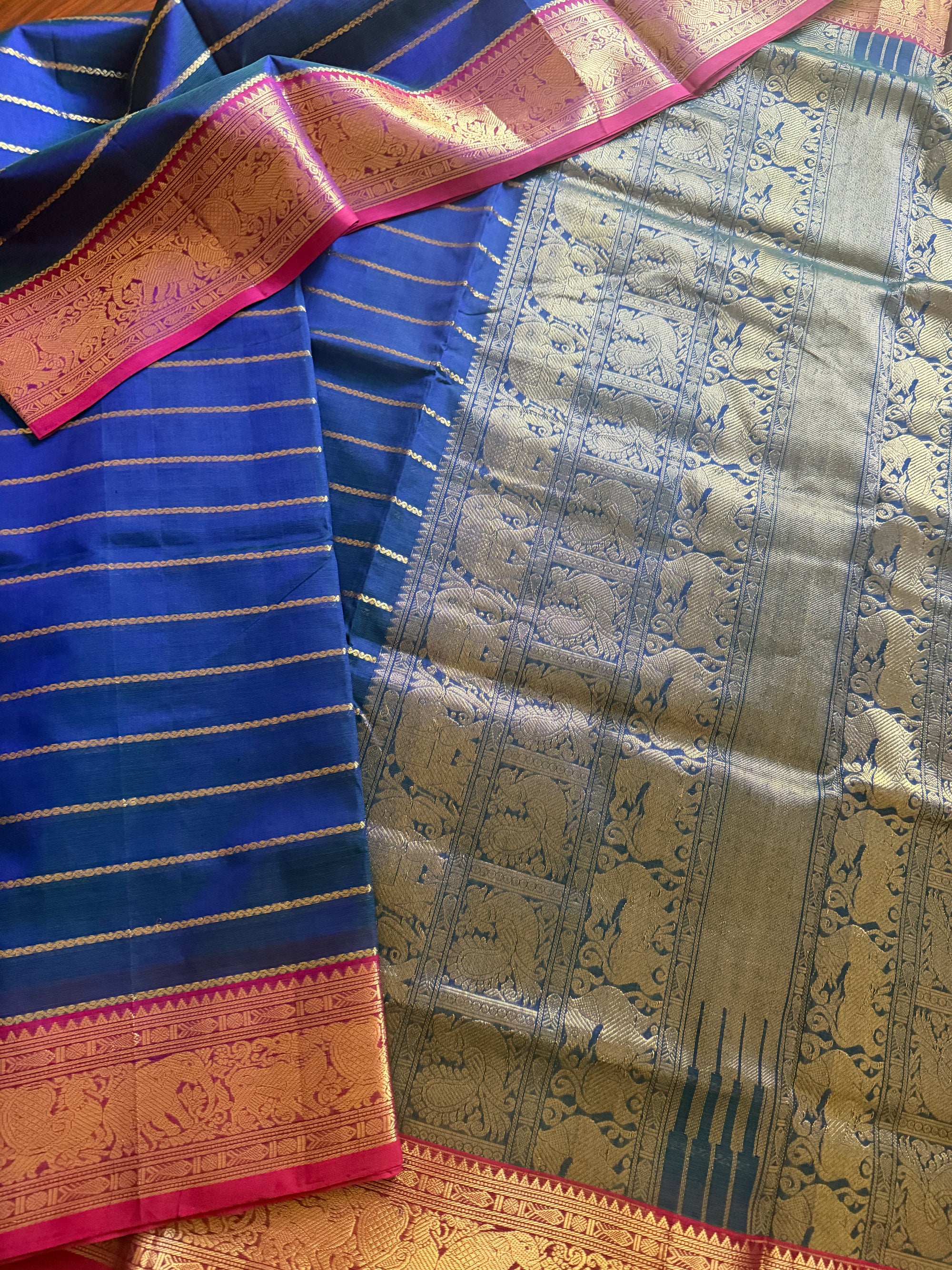 Silk Cotton :  Veldhari (Peacock Blue &amp; Pink)