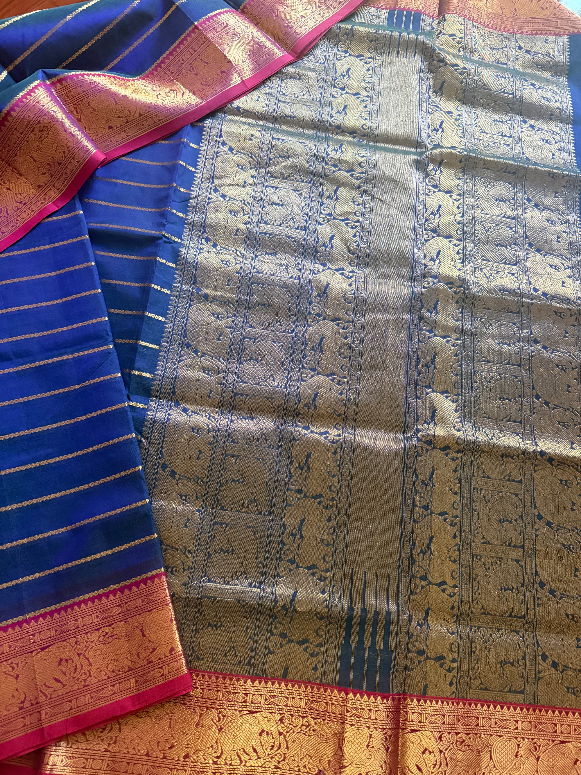 Silk Cotton :  Veldhari (Peacock Blue &amp; Pink)