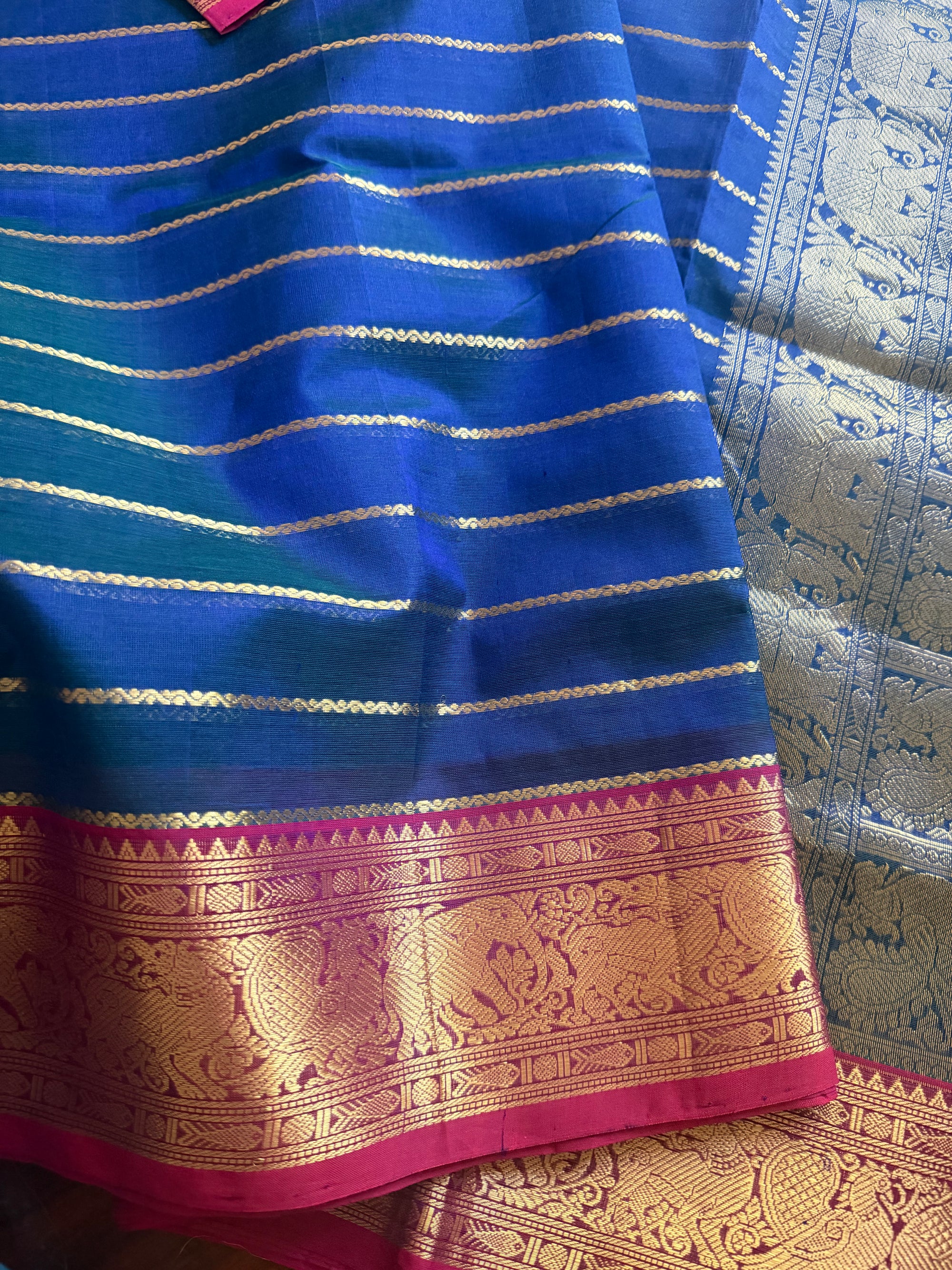 Silk Cotton :  Veldhari (Peacock Blue &amp; Pink)