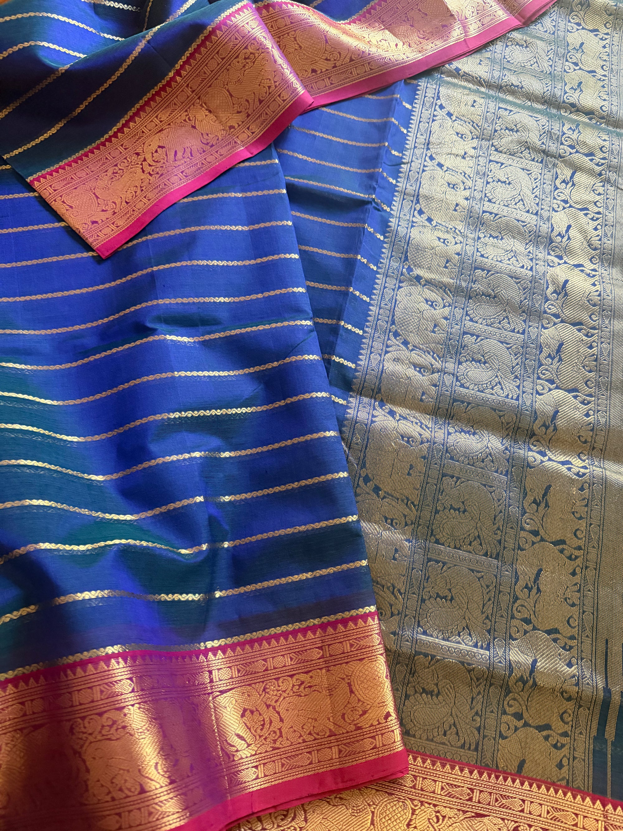 Silk Cotton :  Veldhari (Peacock Blue &amp; Pink)
