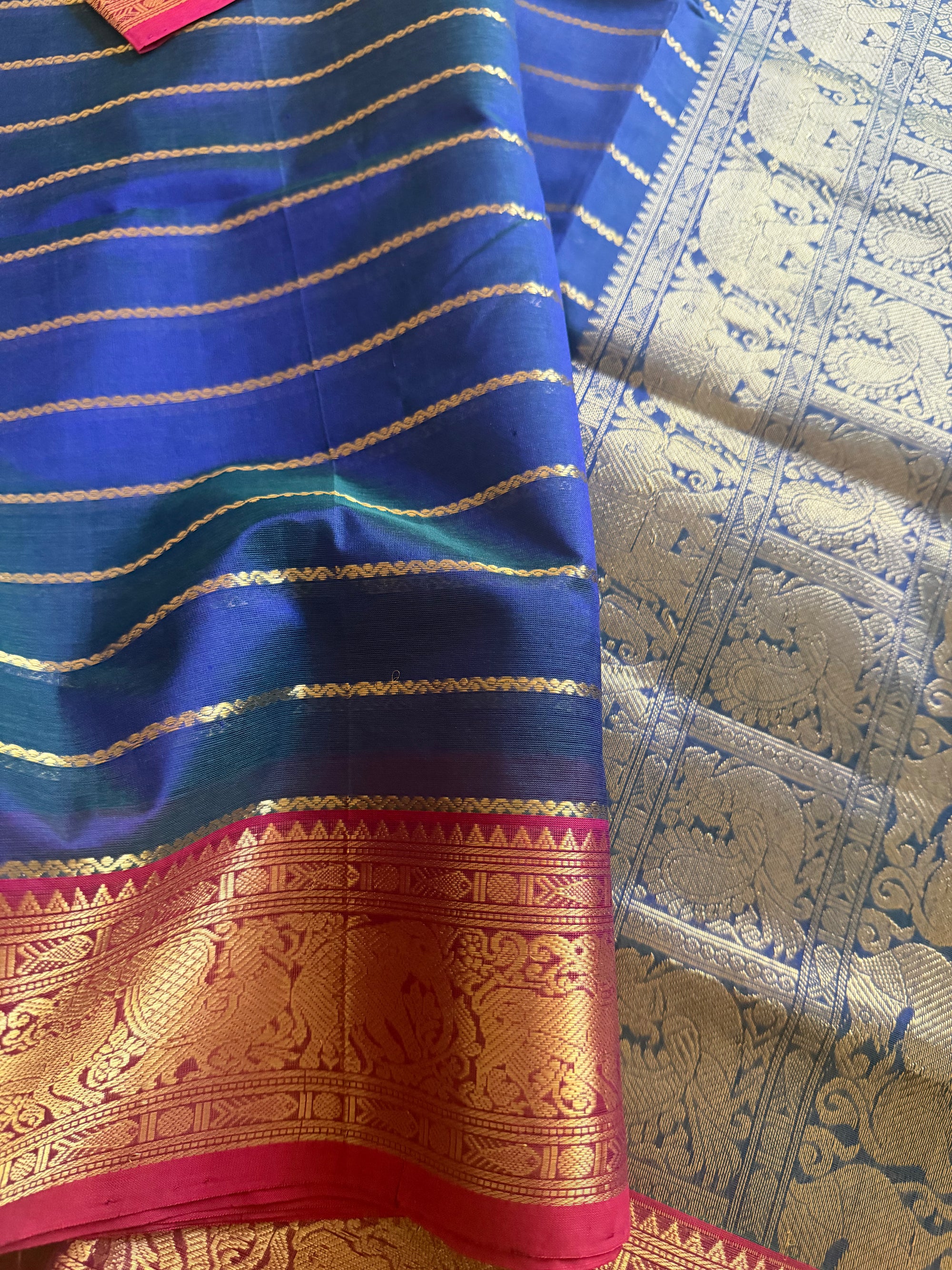 Silk Cotton :  Veldhari (Peacock Blue &amp; Pink)