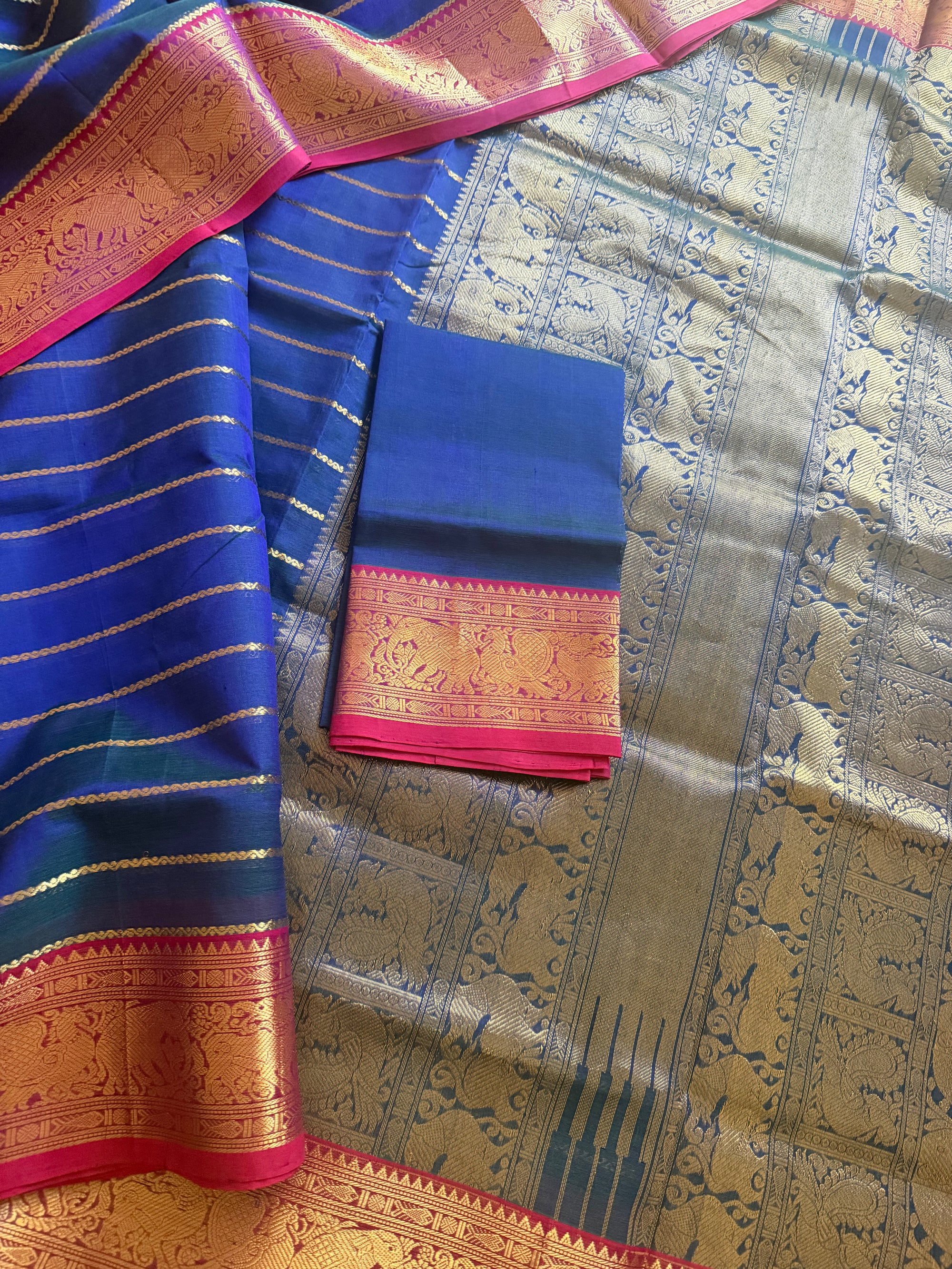 Silk Cotton :  Veldhari (Peacock Blue &amp; Pink)
