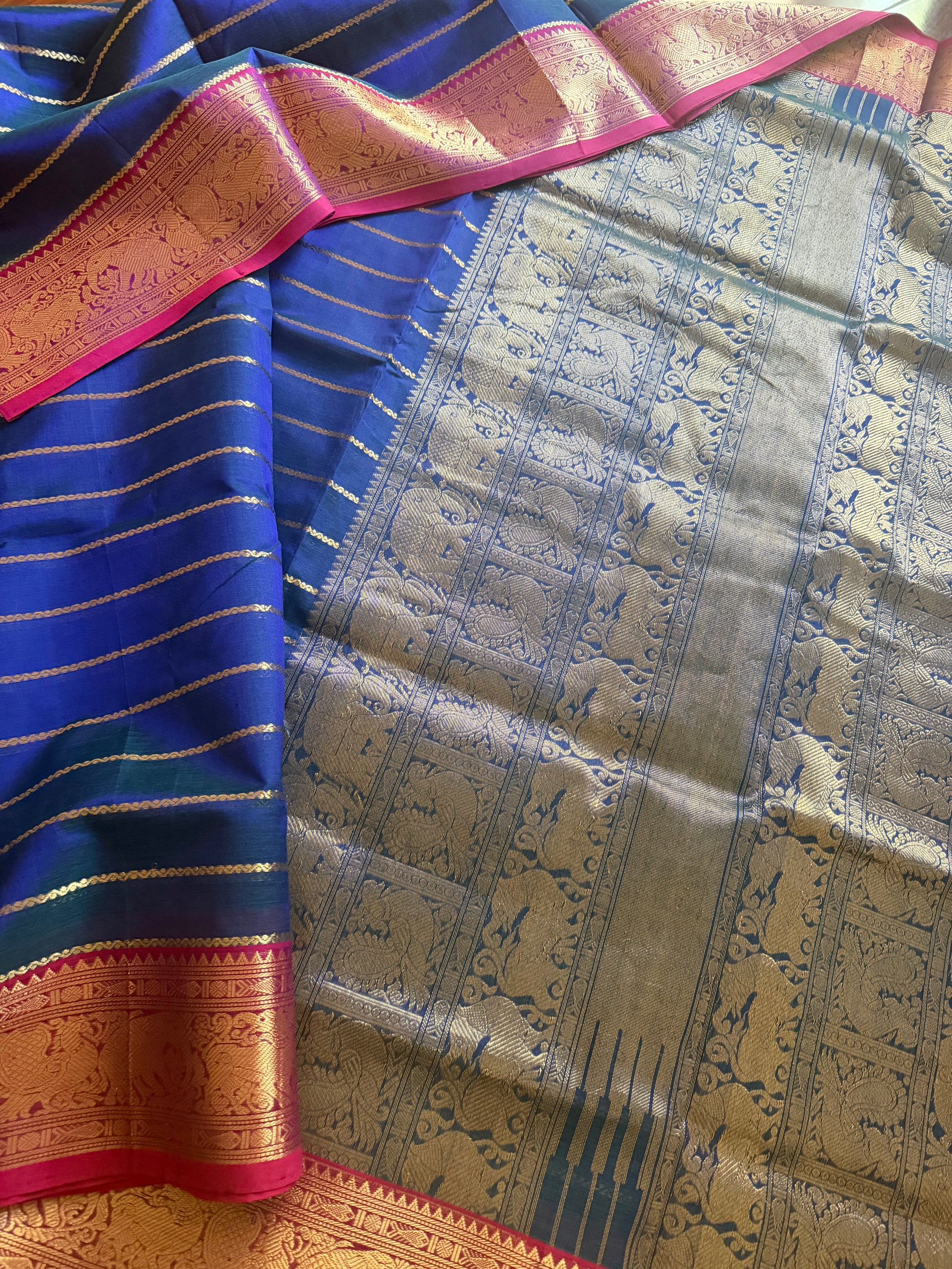 Silk Cotton :  Veldhari (Peacock Blue &amp; Pink)