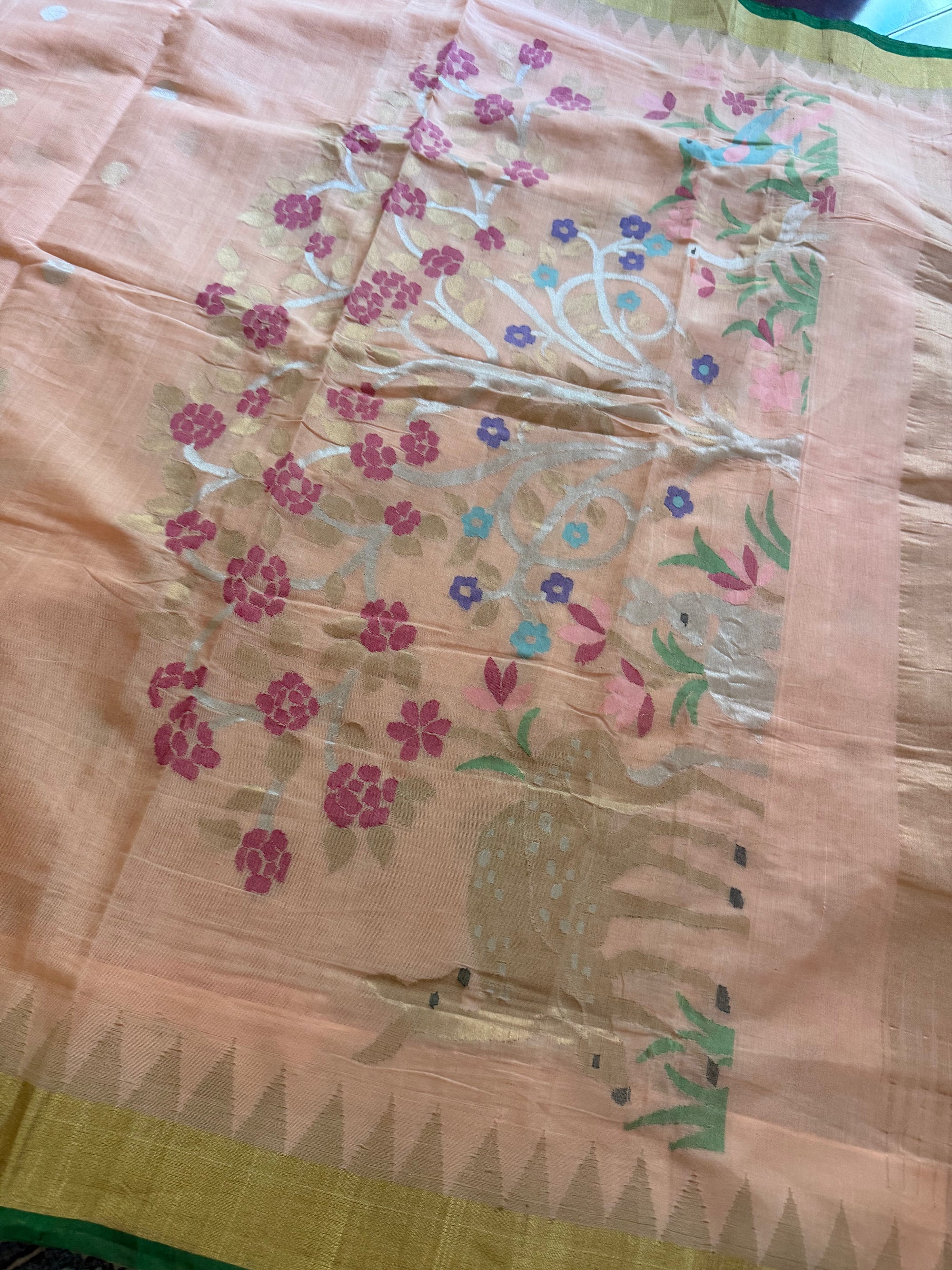 Handspun Ponduru Khadi Cotton Jamdani : Peach