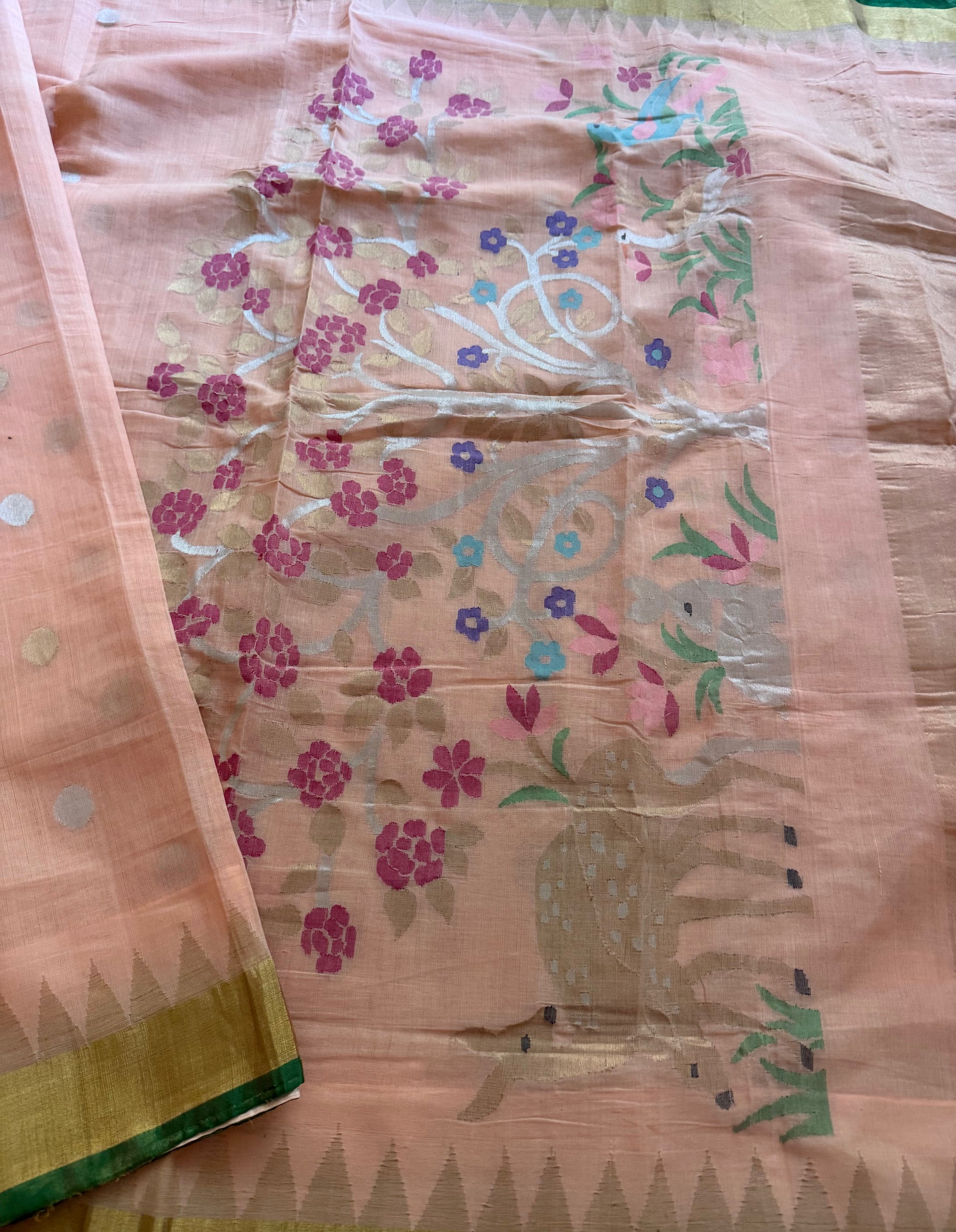 Handspun Ponduru Khadi Cotton Jamdani : Peach