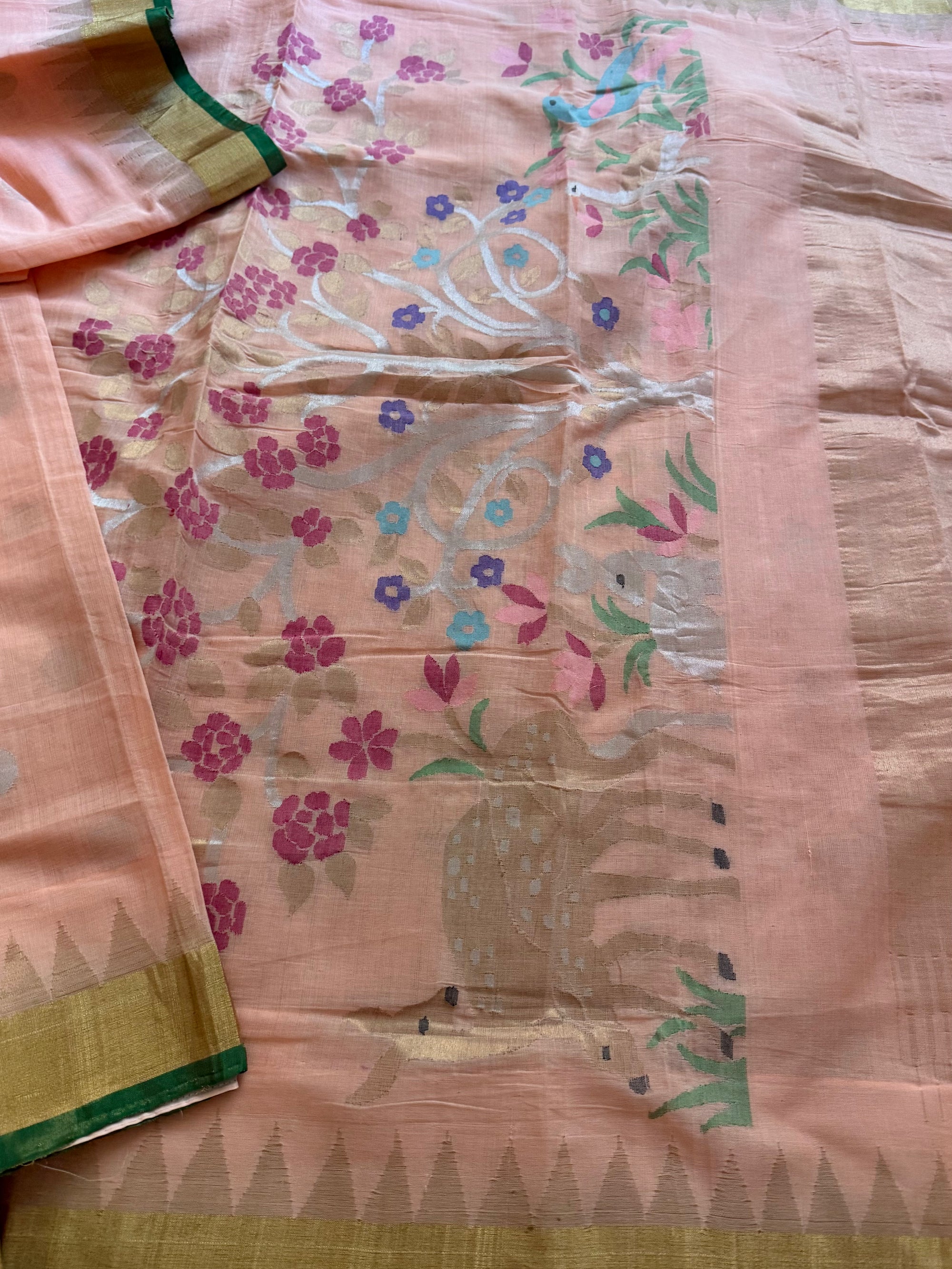 Handspun Ponduru Khadi Cotton Jamdani : Peach