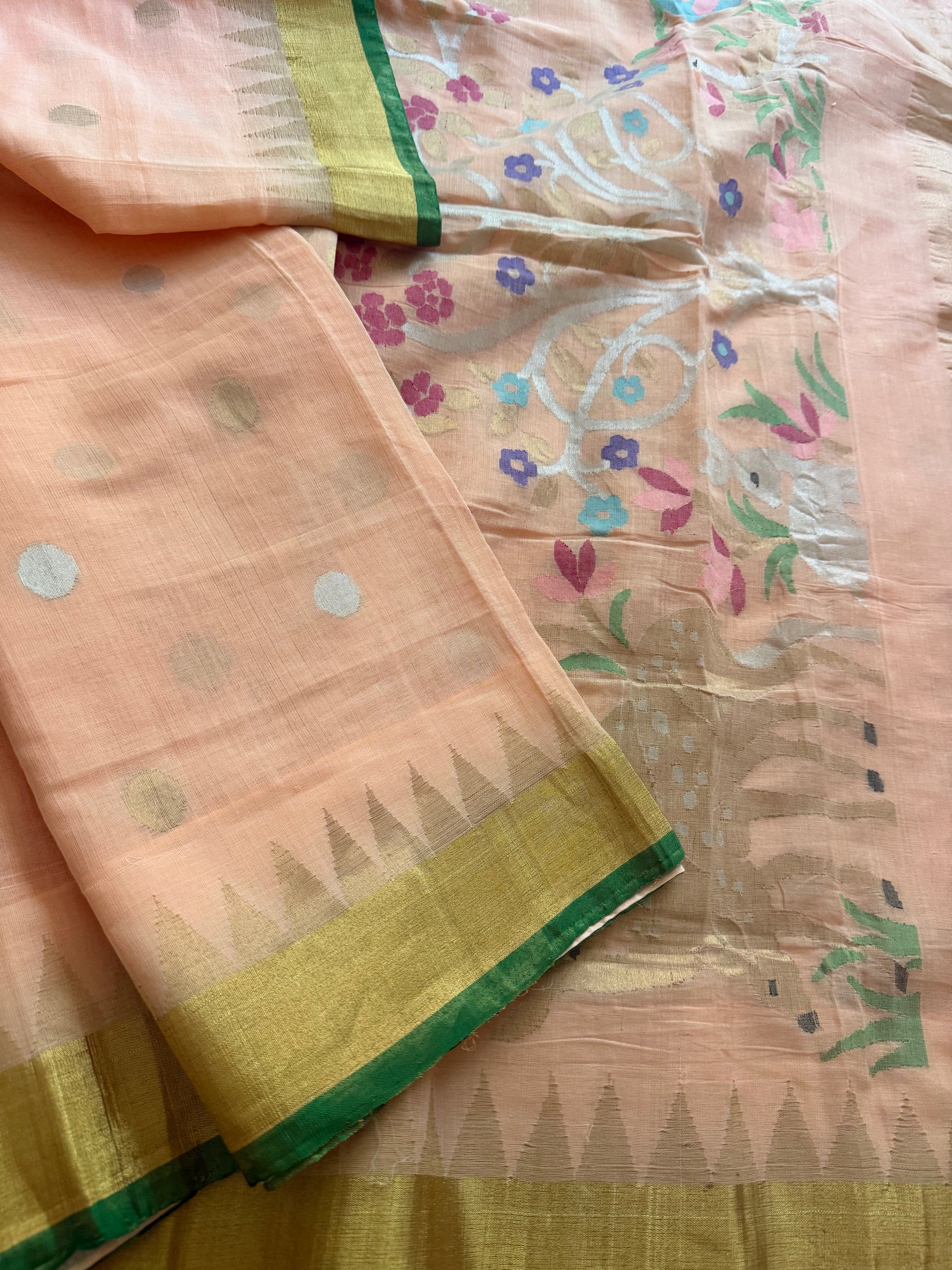 Handspun Ponduru Khadi Cotton Jamdani : Peach