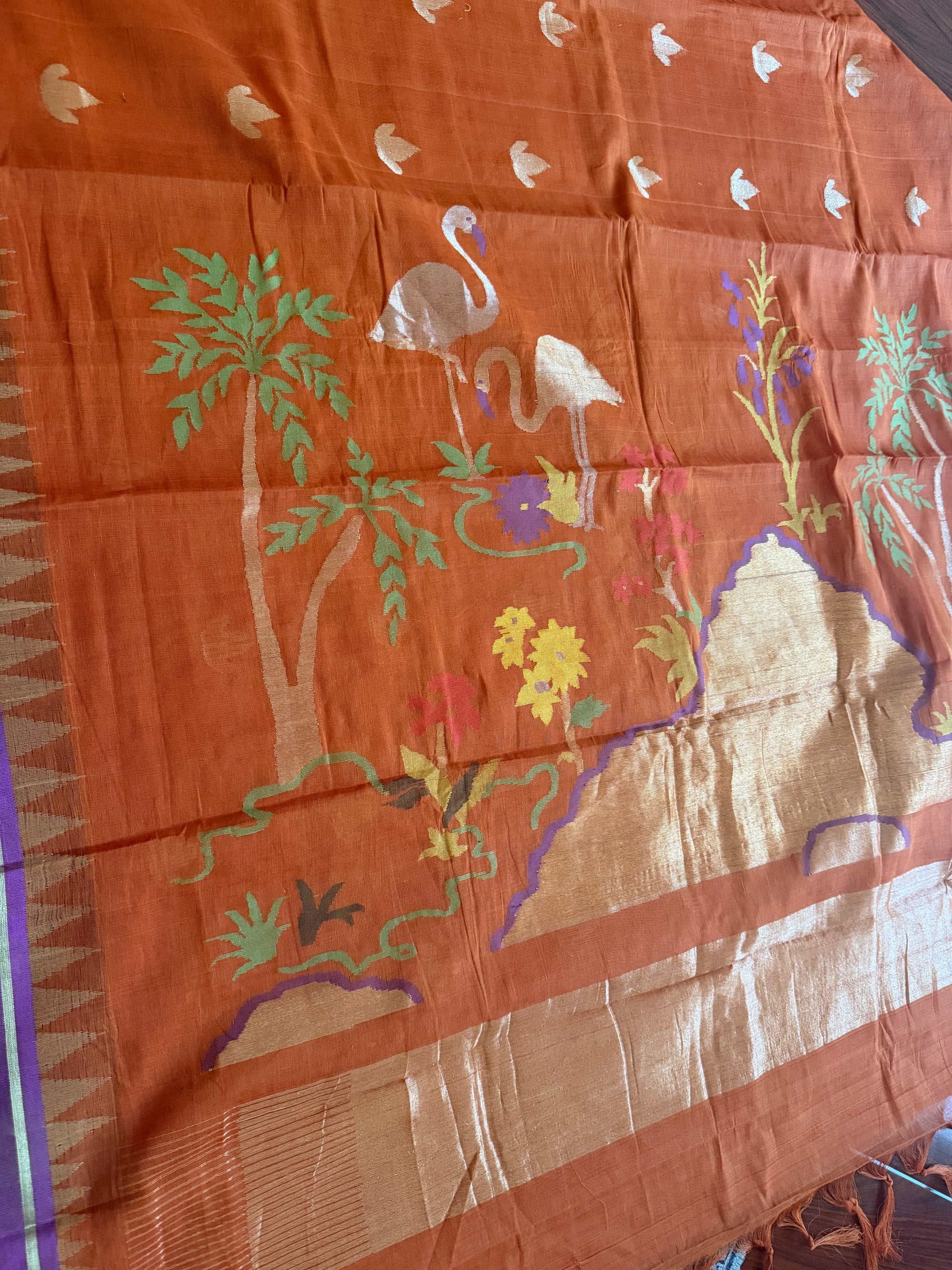 Handspun Ponduru Khadi Cotton Jamdani : Rust orange + Lavender