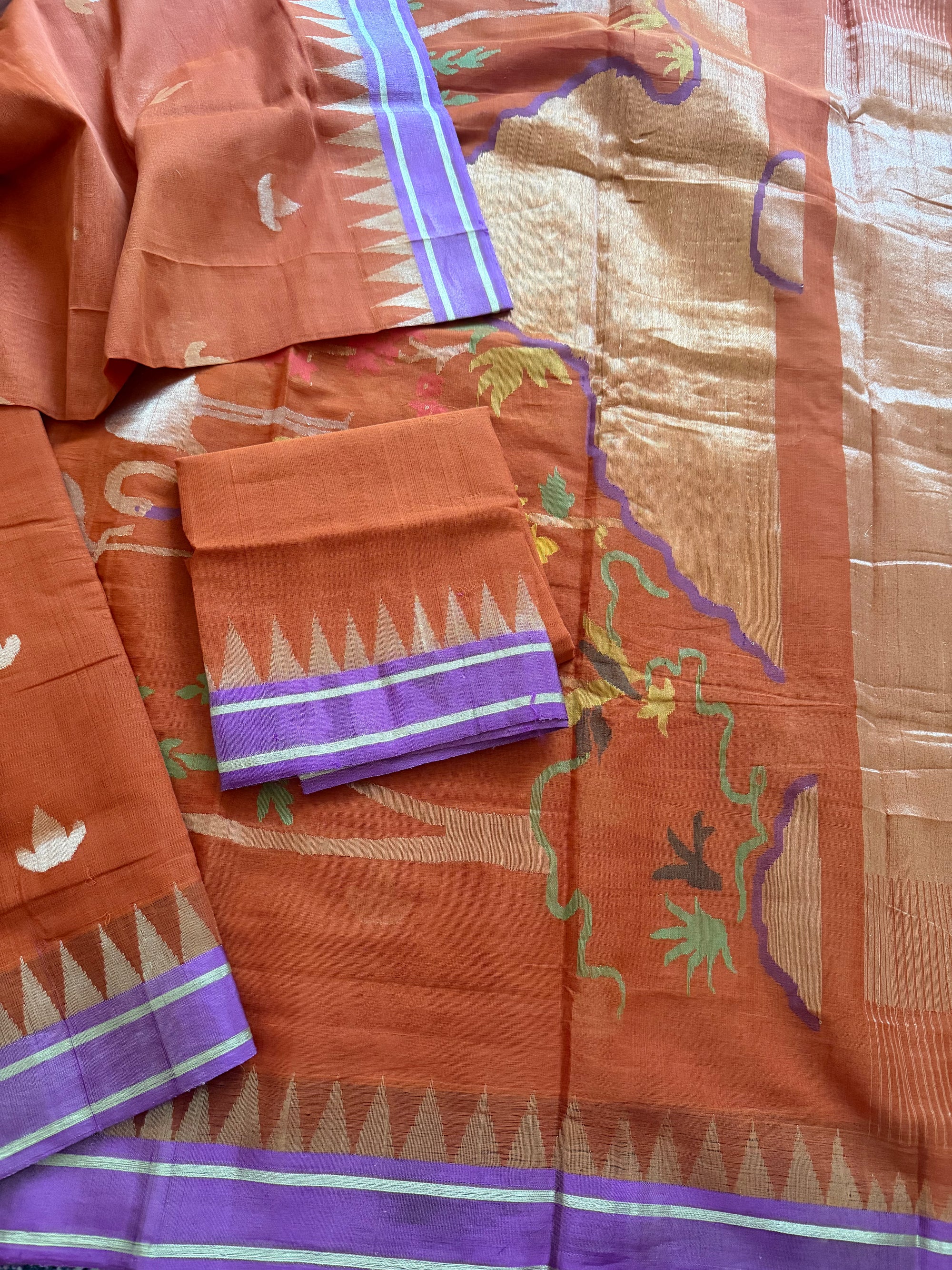 Handspun Ponduru Khadi Cotton Jamdani : Rust orange + Lavender