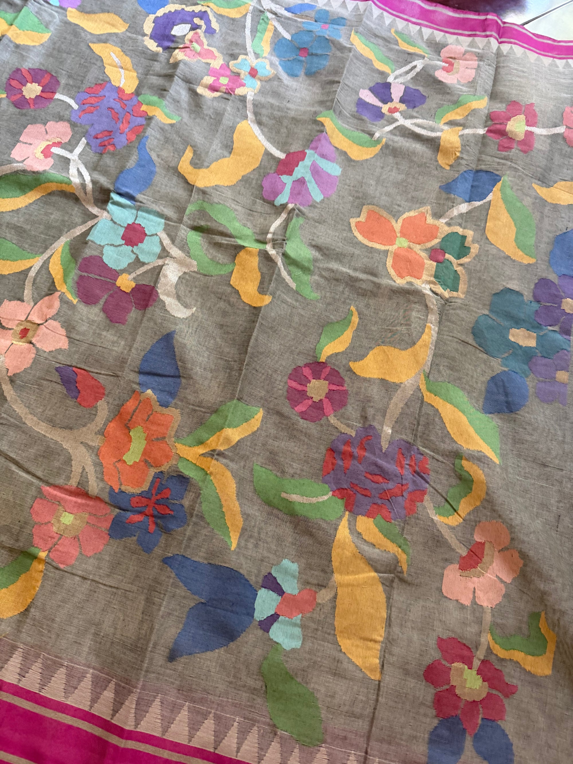 Handspun Ponduru Khadi Cotton Jamdani : Grey and Pink (full jaal pallu and blouse)
